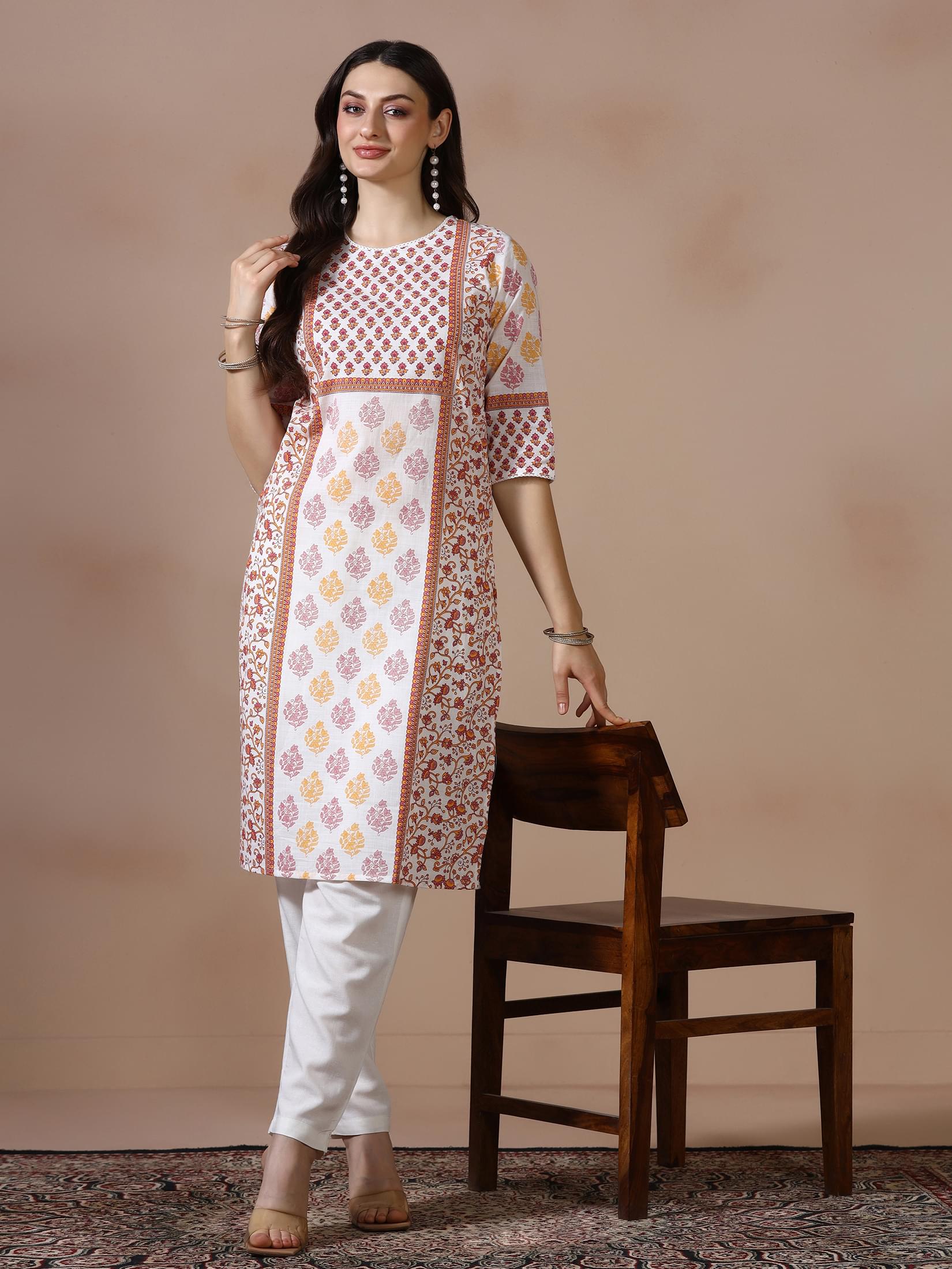 White and pink contrast printed cotton slub daily wear kurta