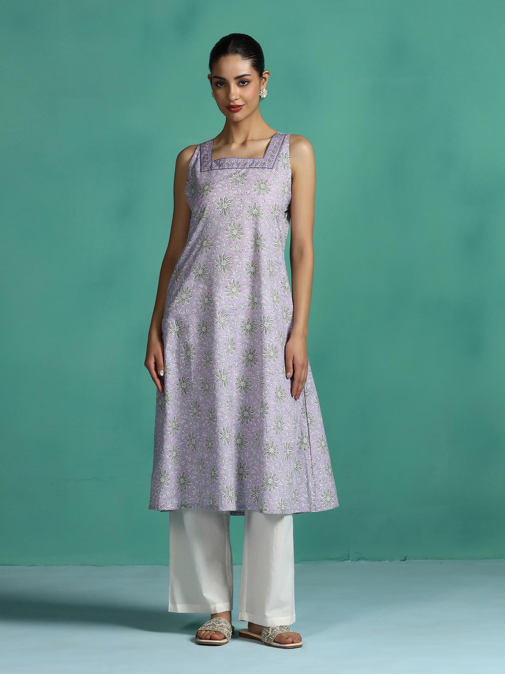 Lilac purple floral print lightweight cotton regular kurta