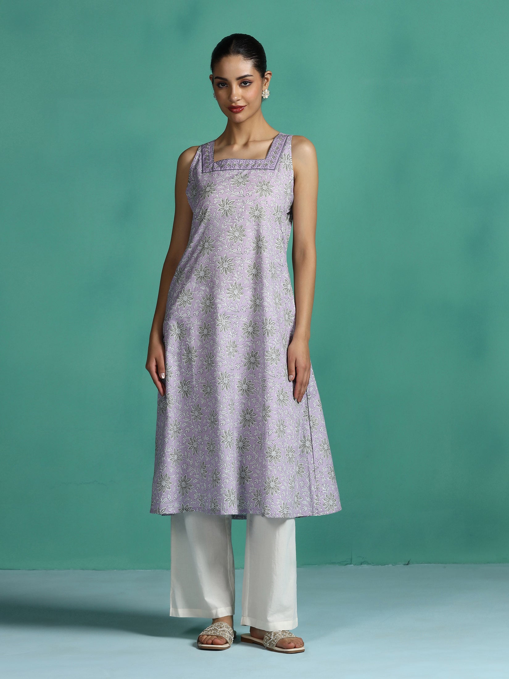 Lilac purple floral print lightweight cotton regular kurta