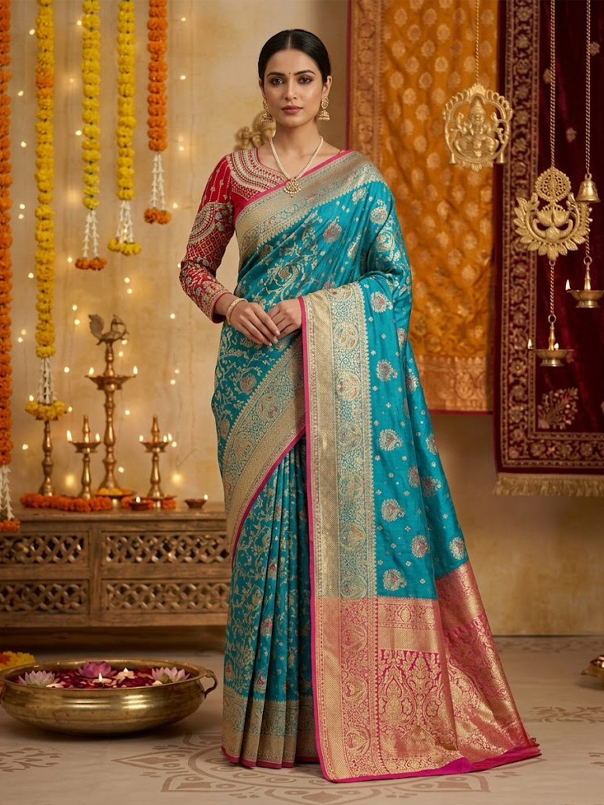 Women Turquoise And Red Viscose Saree With Stitch Blouse