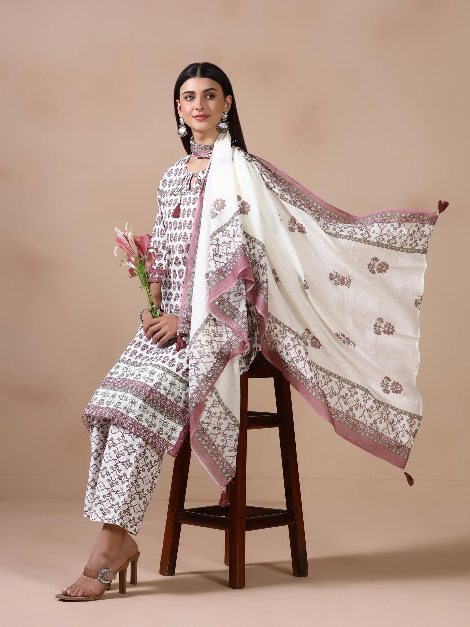 Elegant off white traditional printed cotton everyday wear dupatta suit set