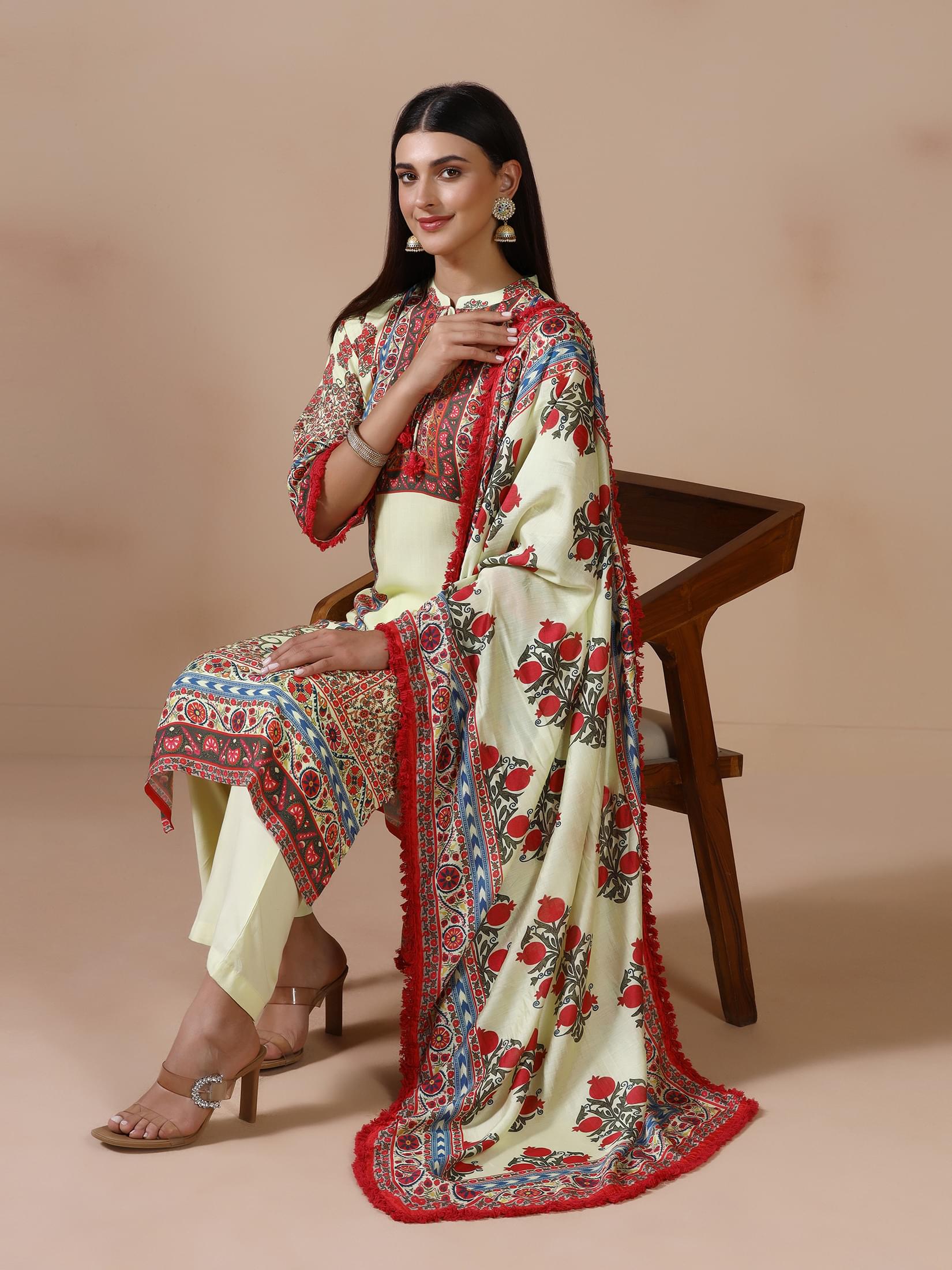Lime yellow vibrant printed Liva fabric casual wear straight suit set