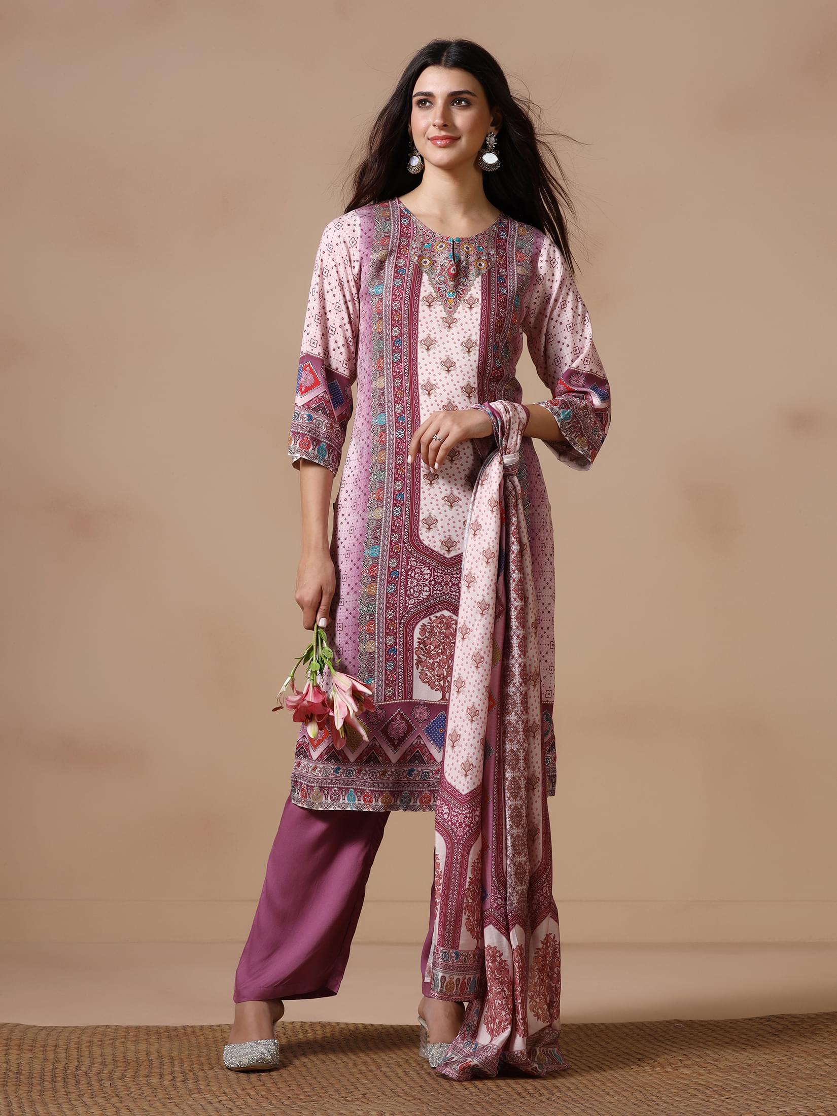 Women Liva Wine Multicolor Printed Kurta Comfort Pant Dupatta.