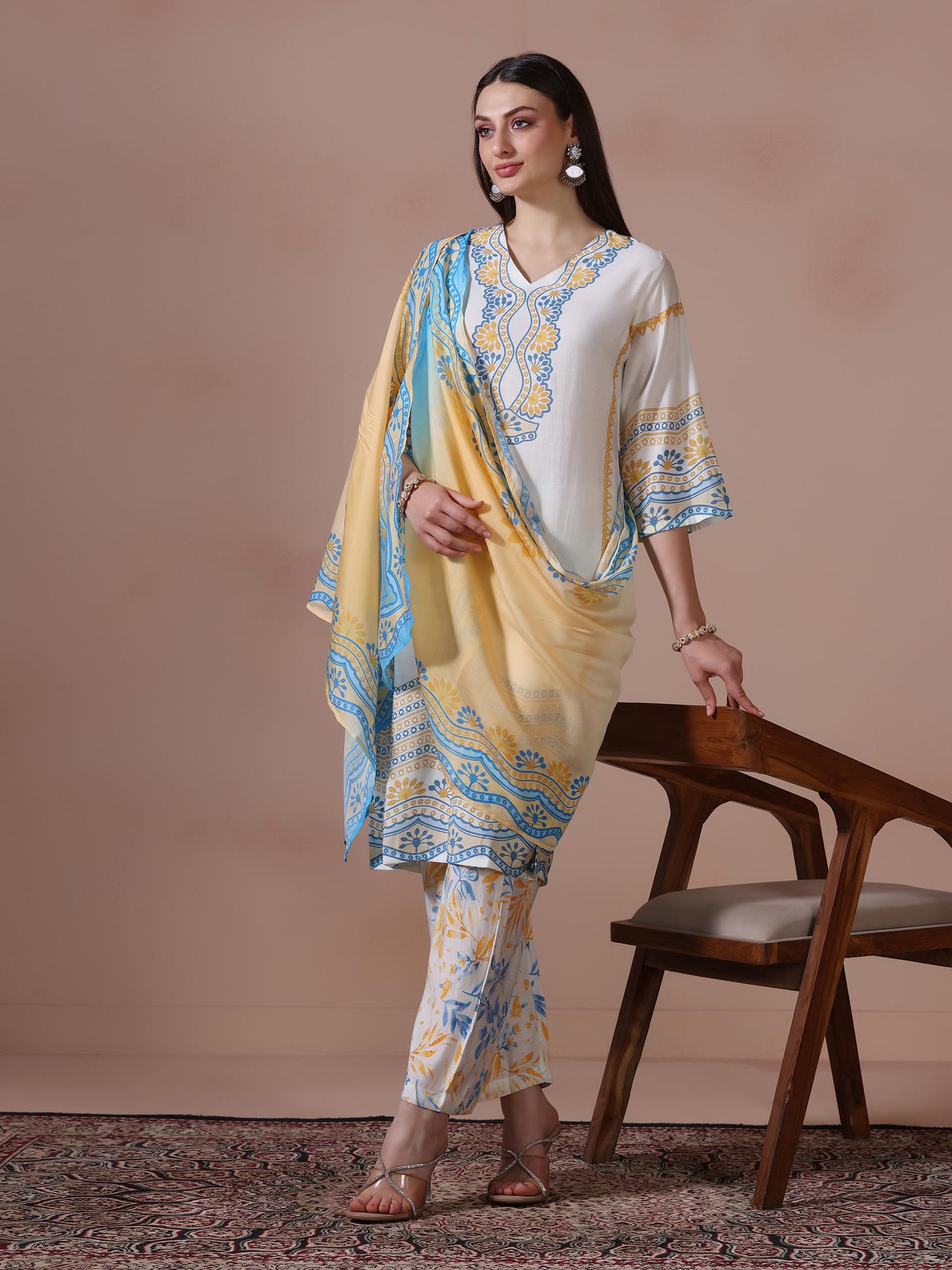 Women Chanderi Off White Printed Kurta Comfort Pant Dupatta.
