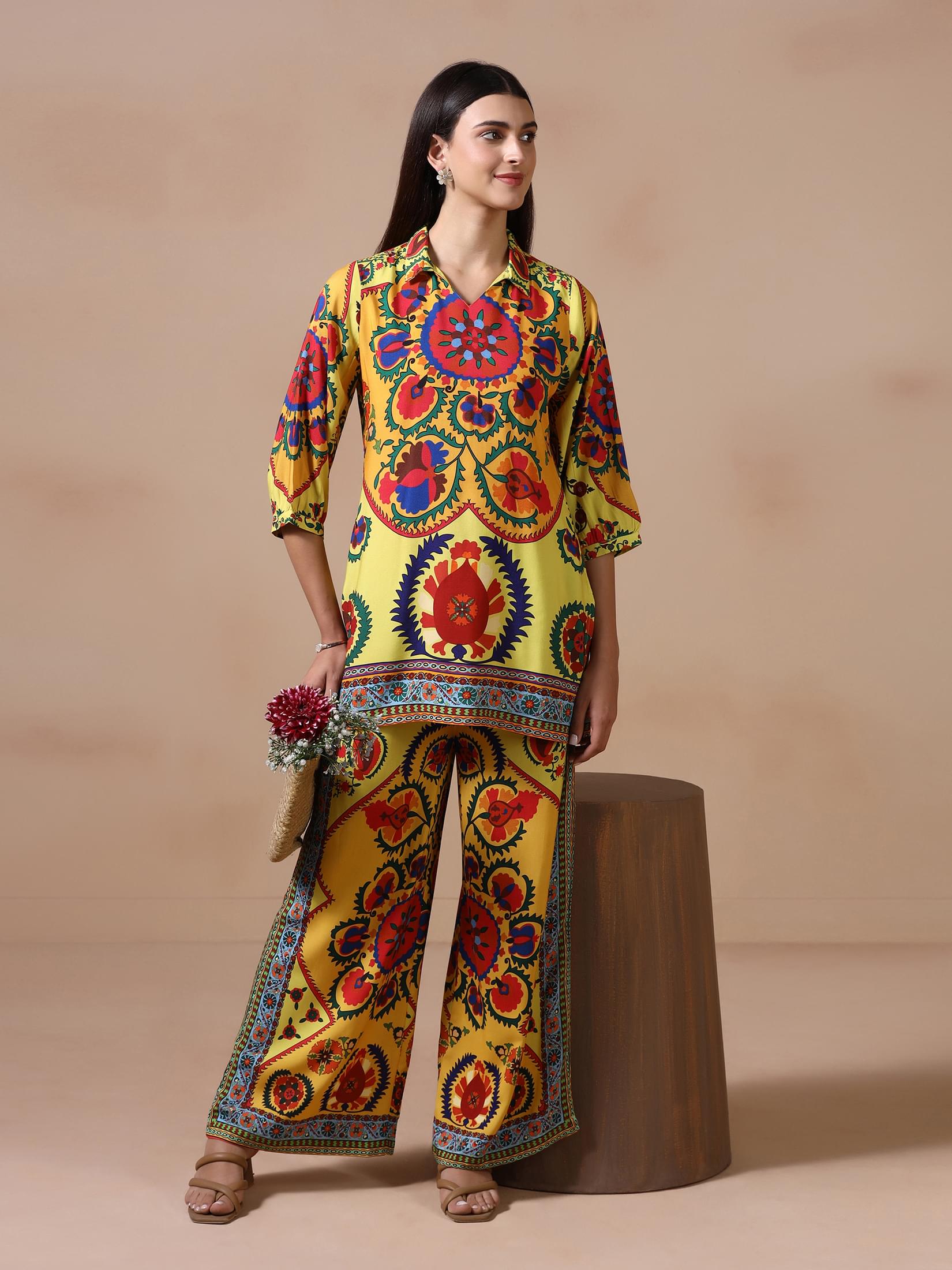 Mustard yellow printed Liva fabric formal co-ord set for office wear
