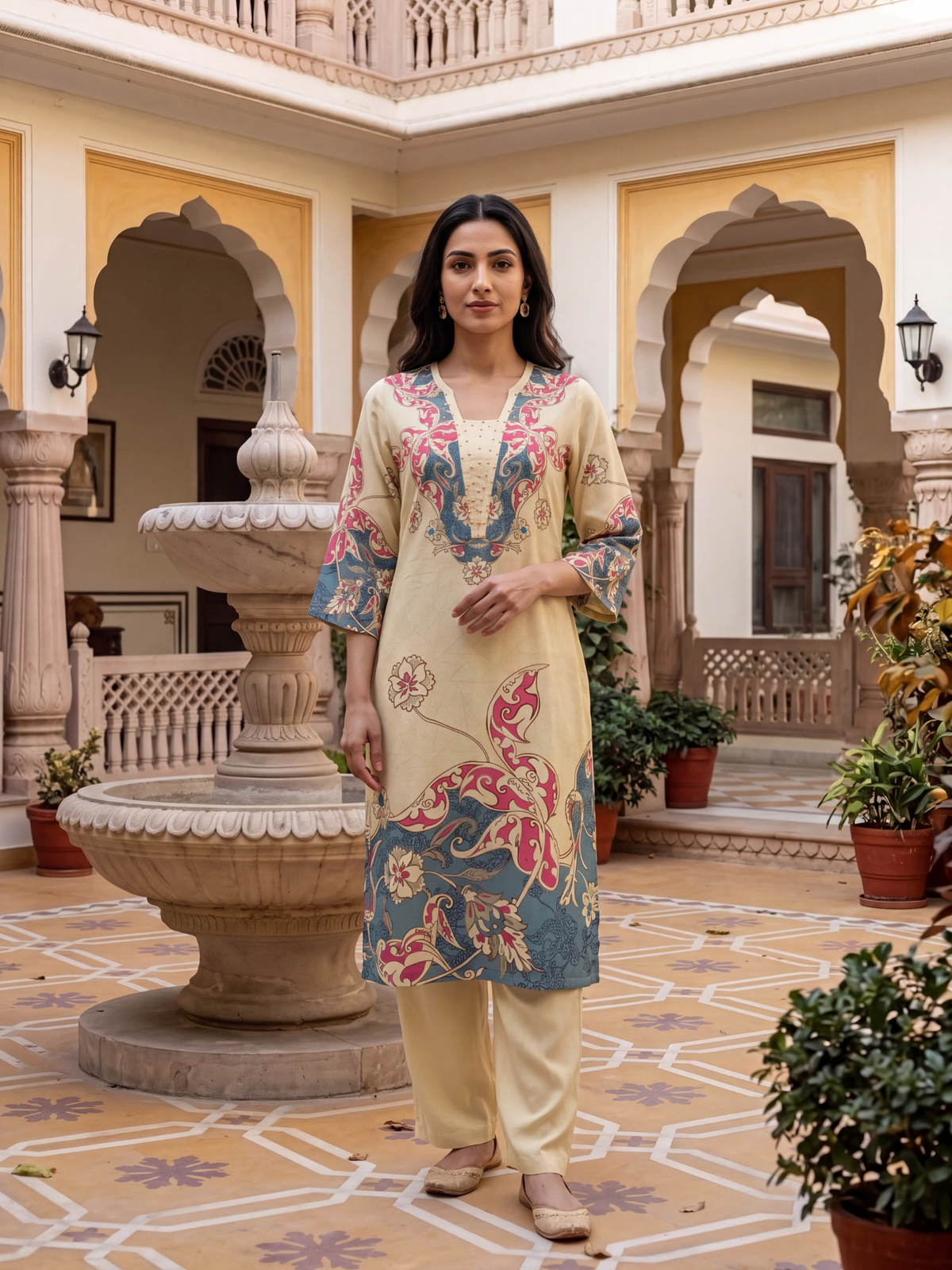 Women Beige Multi Rayon Floral Kurta Comfort Pant Dupatta
