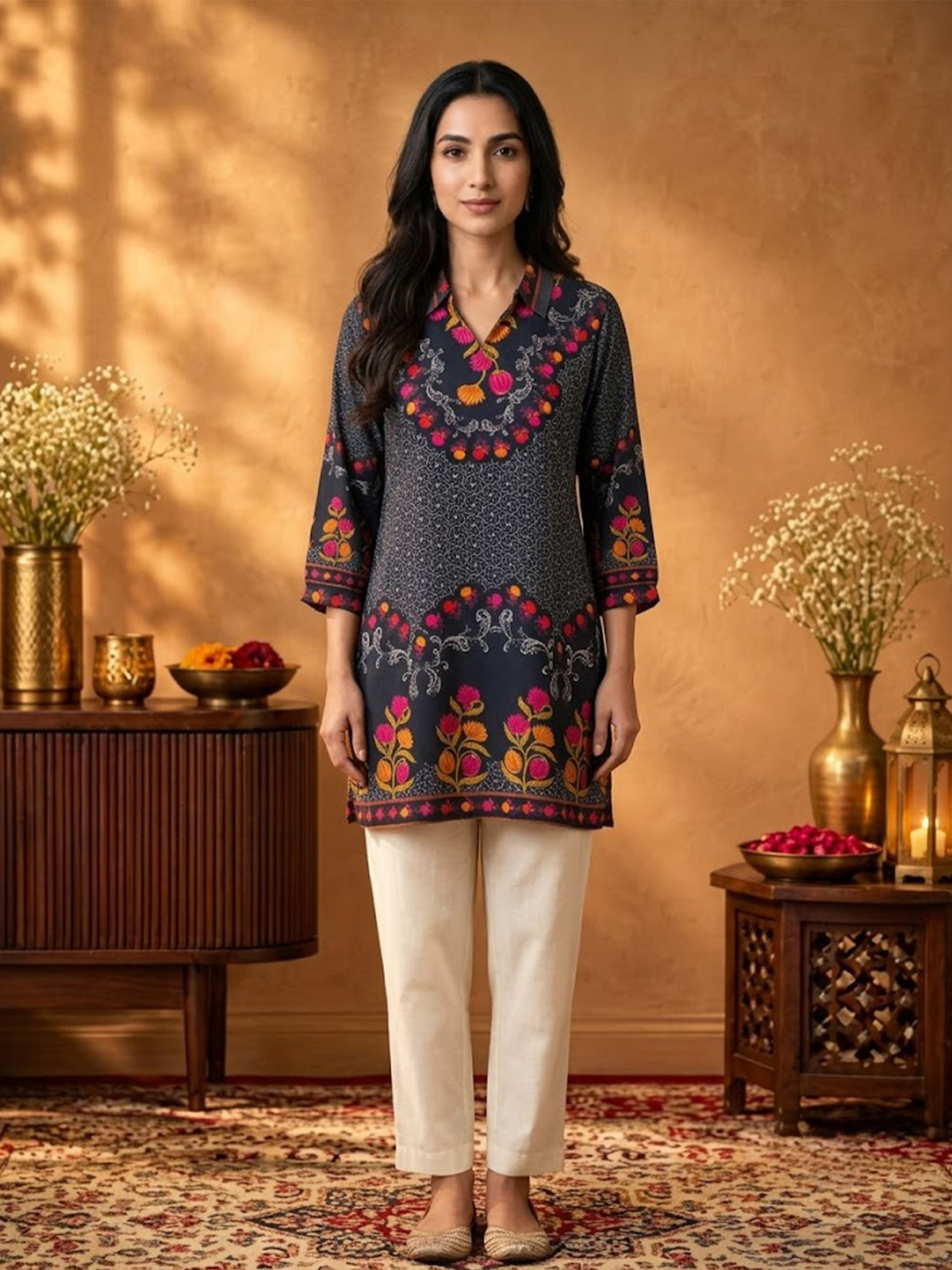 Women Black Rayon Floral Tunic