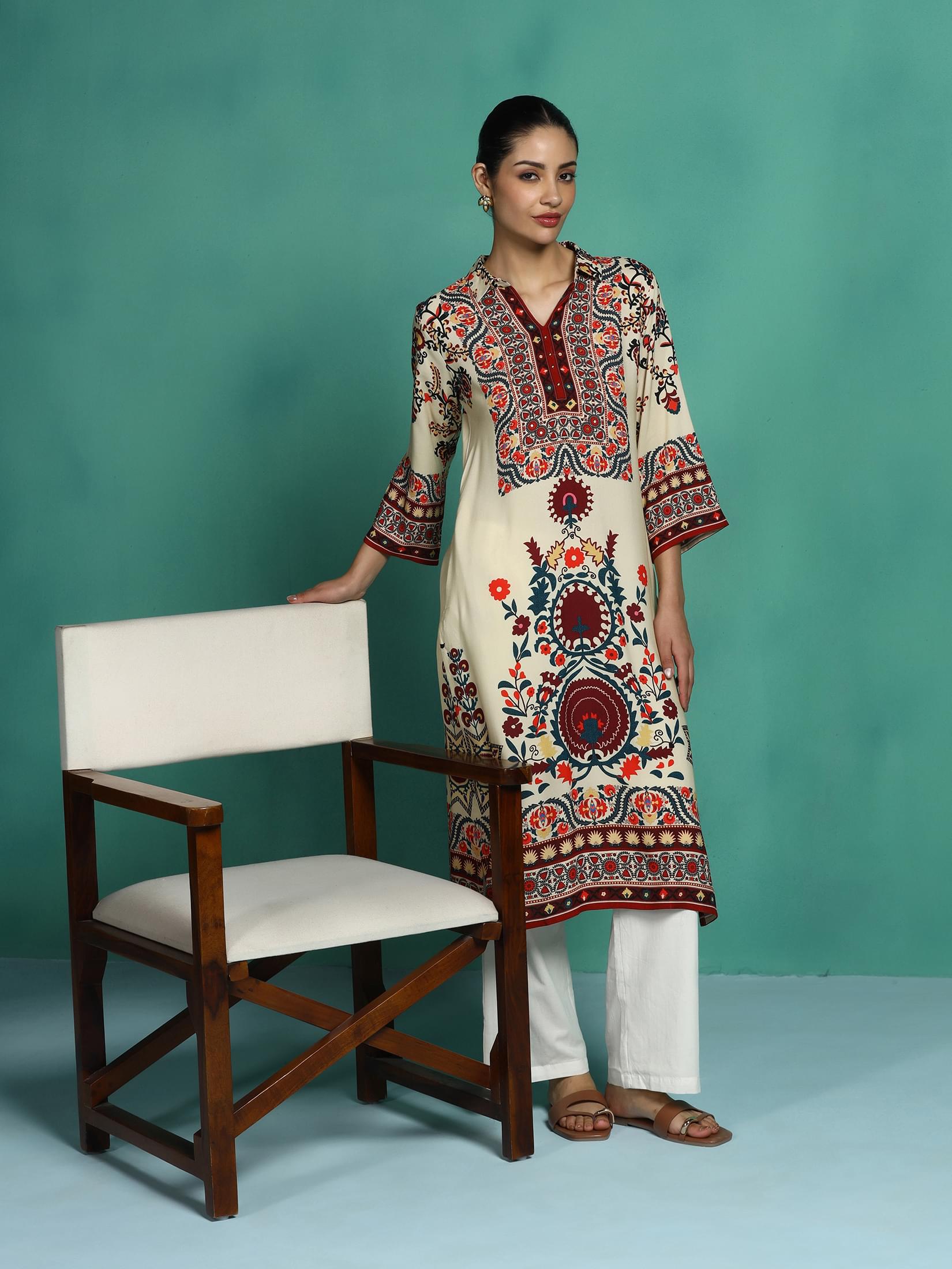 Subtle beige printed Liva fabric regular fit casual kurta