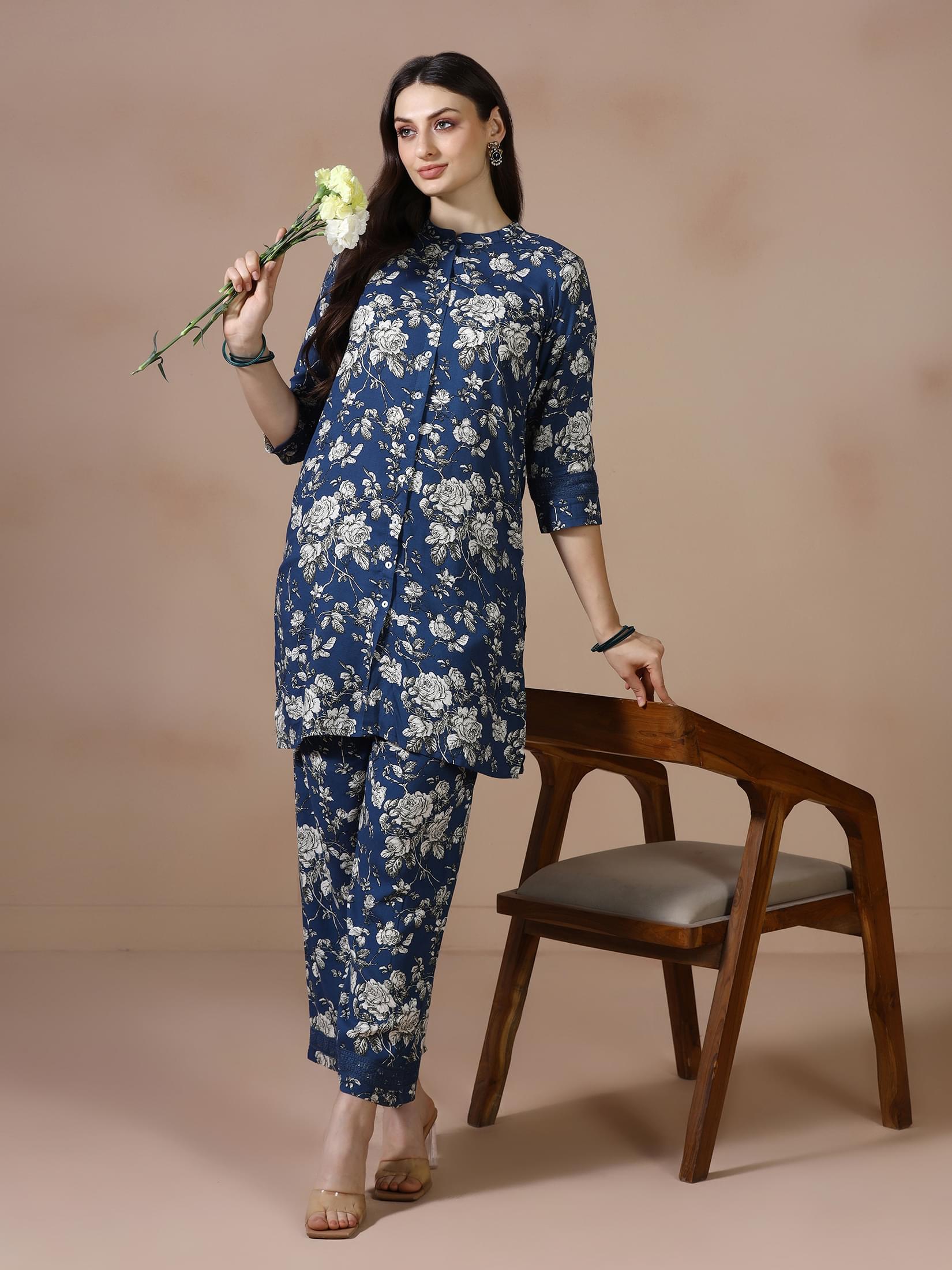 Traditional indigo blue printed Liva comfort loungewear co-ord set byshree