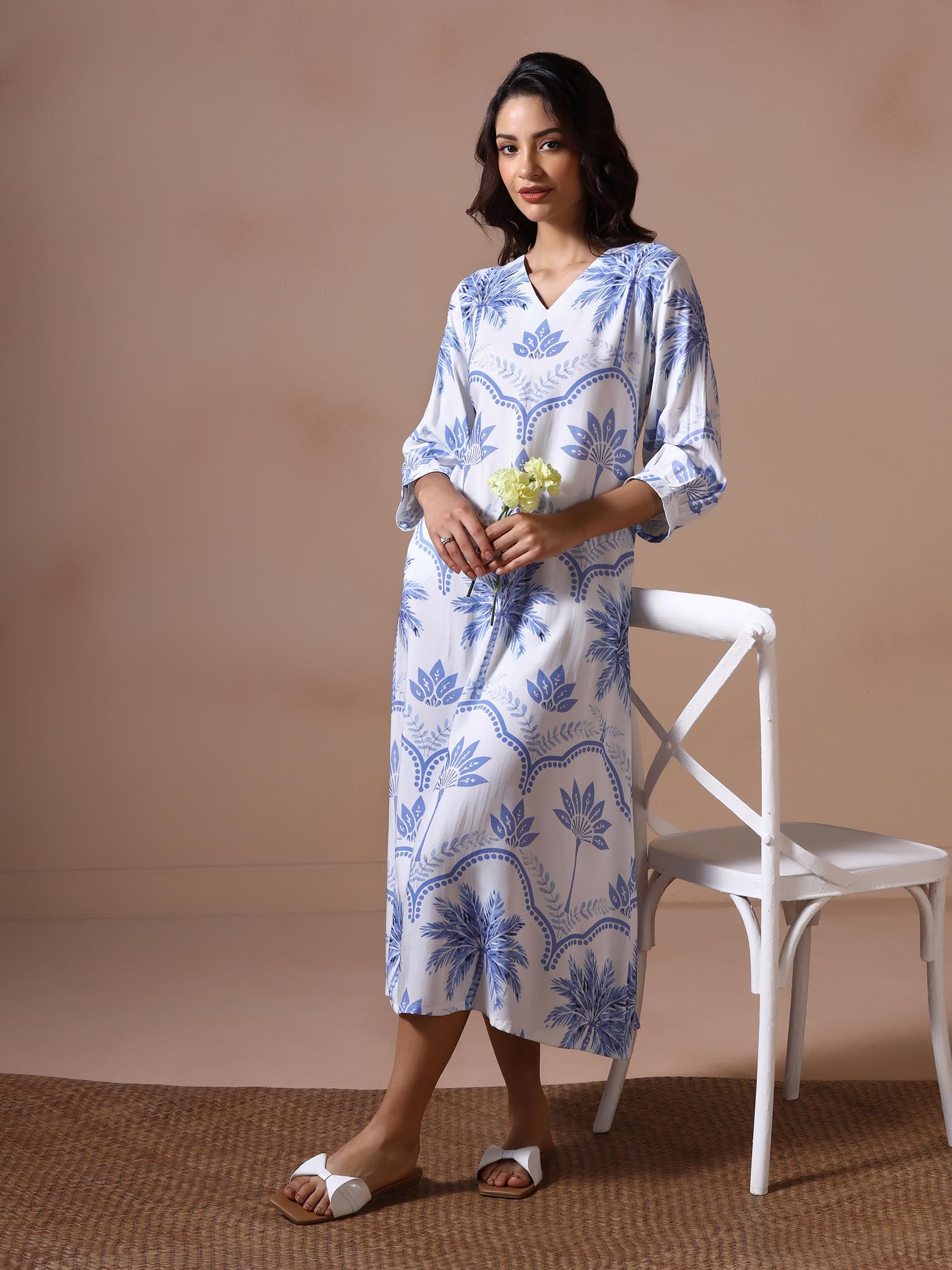 Minimalist off white Liva fabric printed lightweight dress