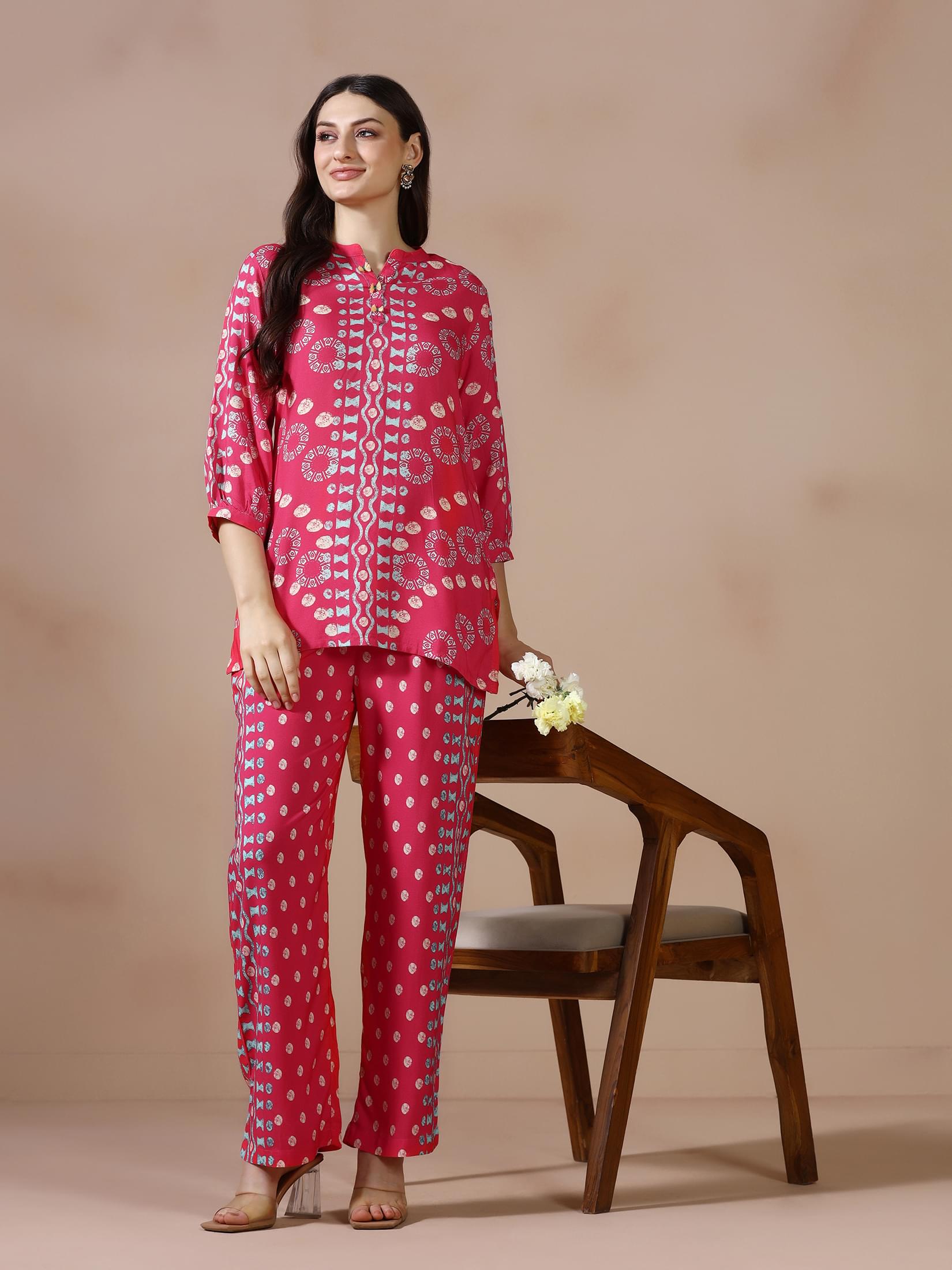 Pink geometric pattern print Liva smart casual co-ord set byshree