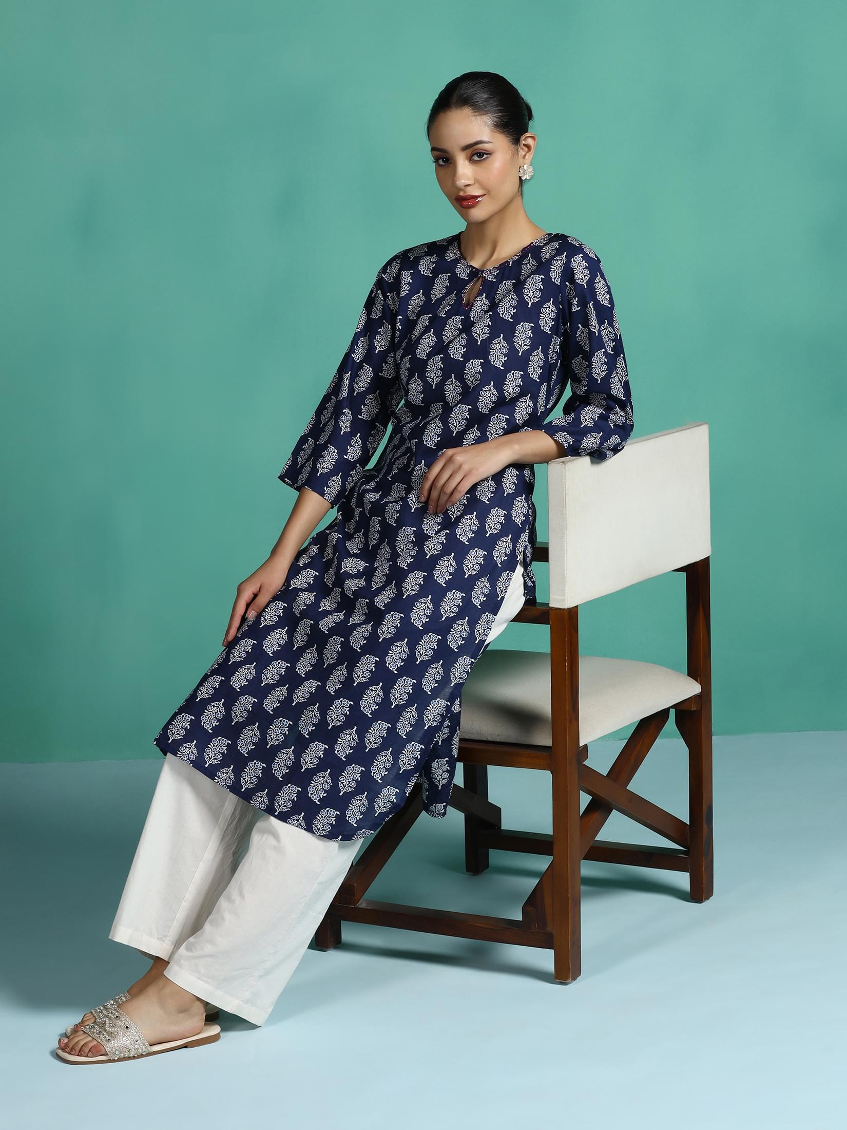 Traditional indigo printed cotton casual wear straight kurta