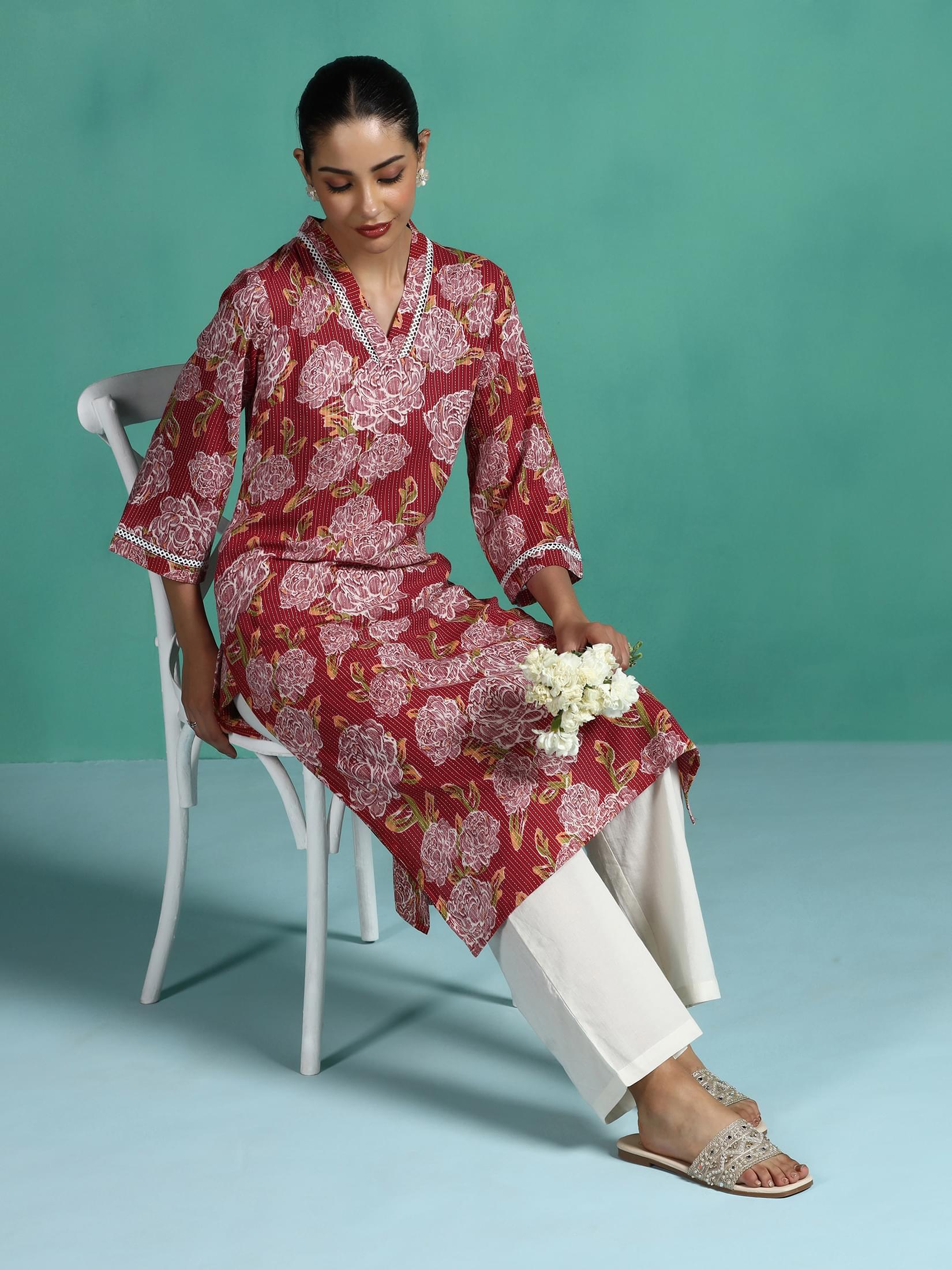 Classic red floral print cotton ethnic wear kurta byshree
