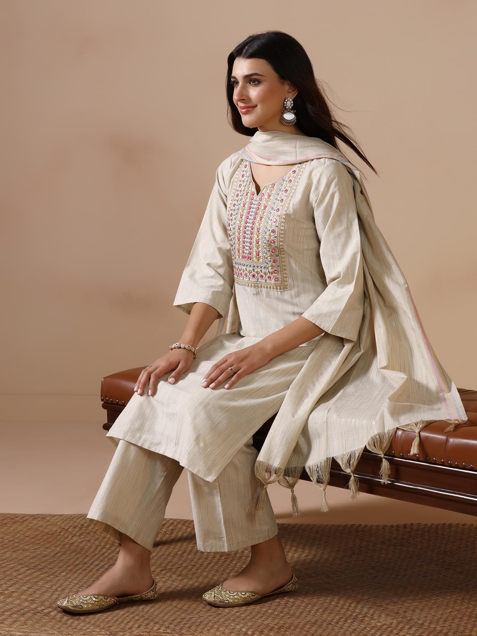 Classic beige embroidered poly cotton comfort silhouette salwar kameez set