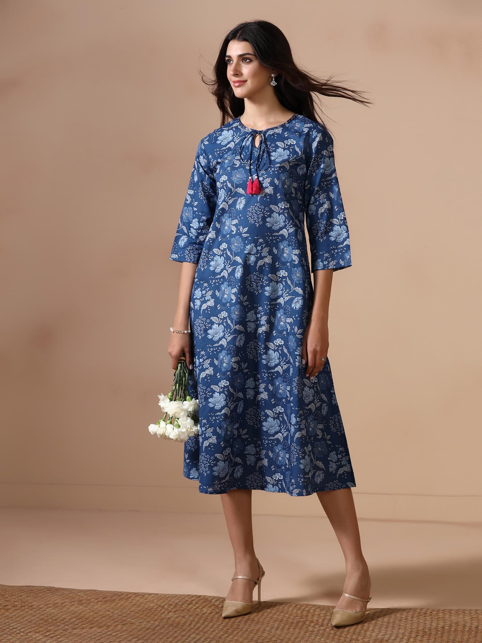 Vibrant blue floral print cotton summer midi dress for women