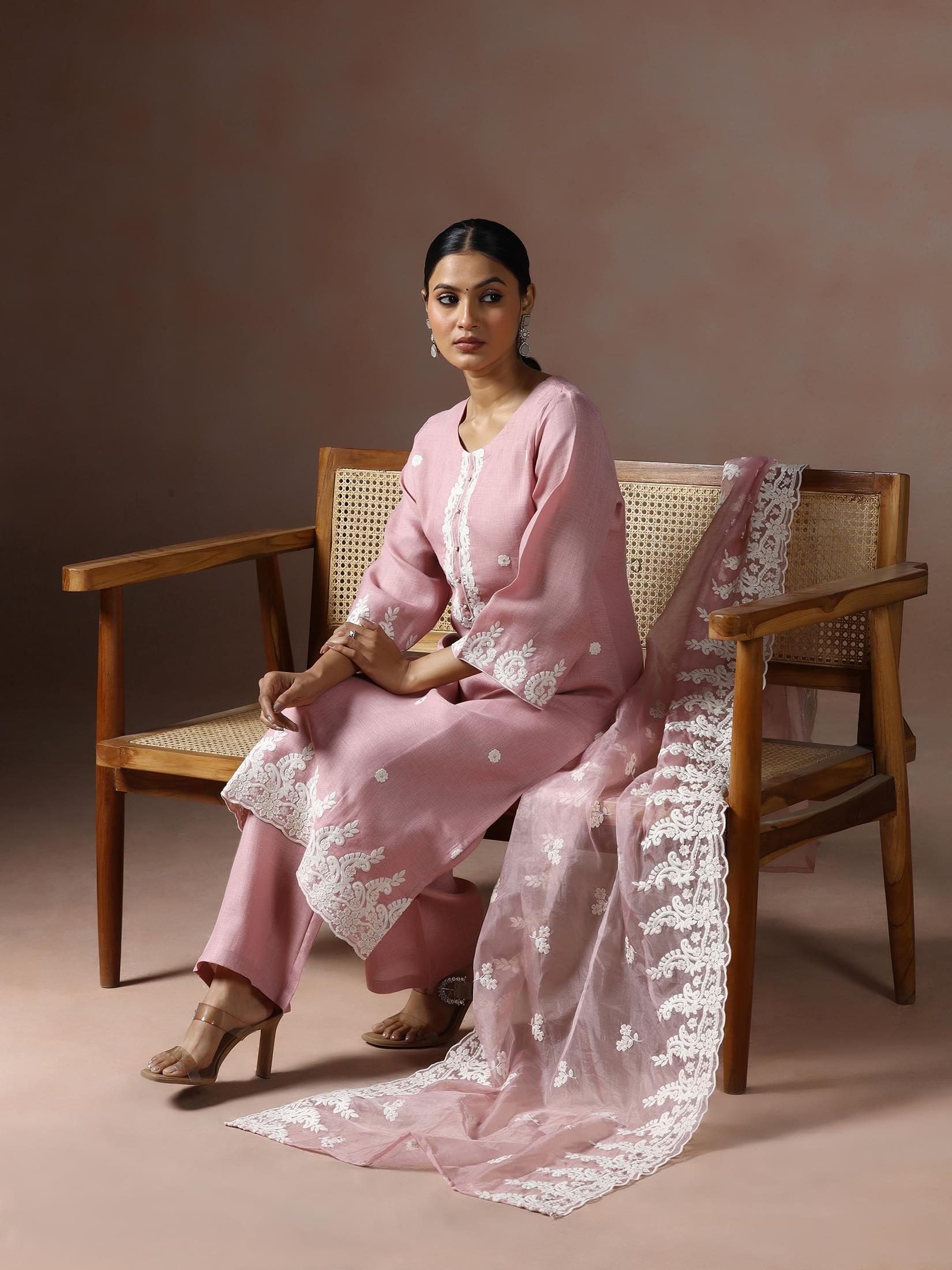 Rose pink solid embroidered premium linen fabric luxury dupatta suit set