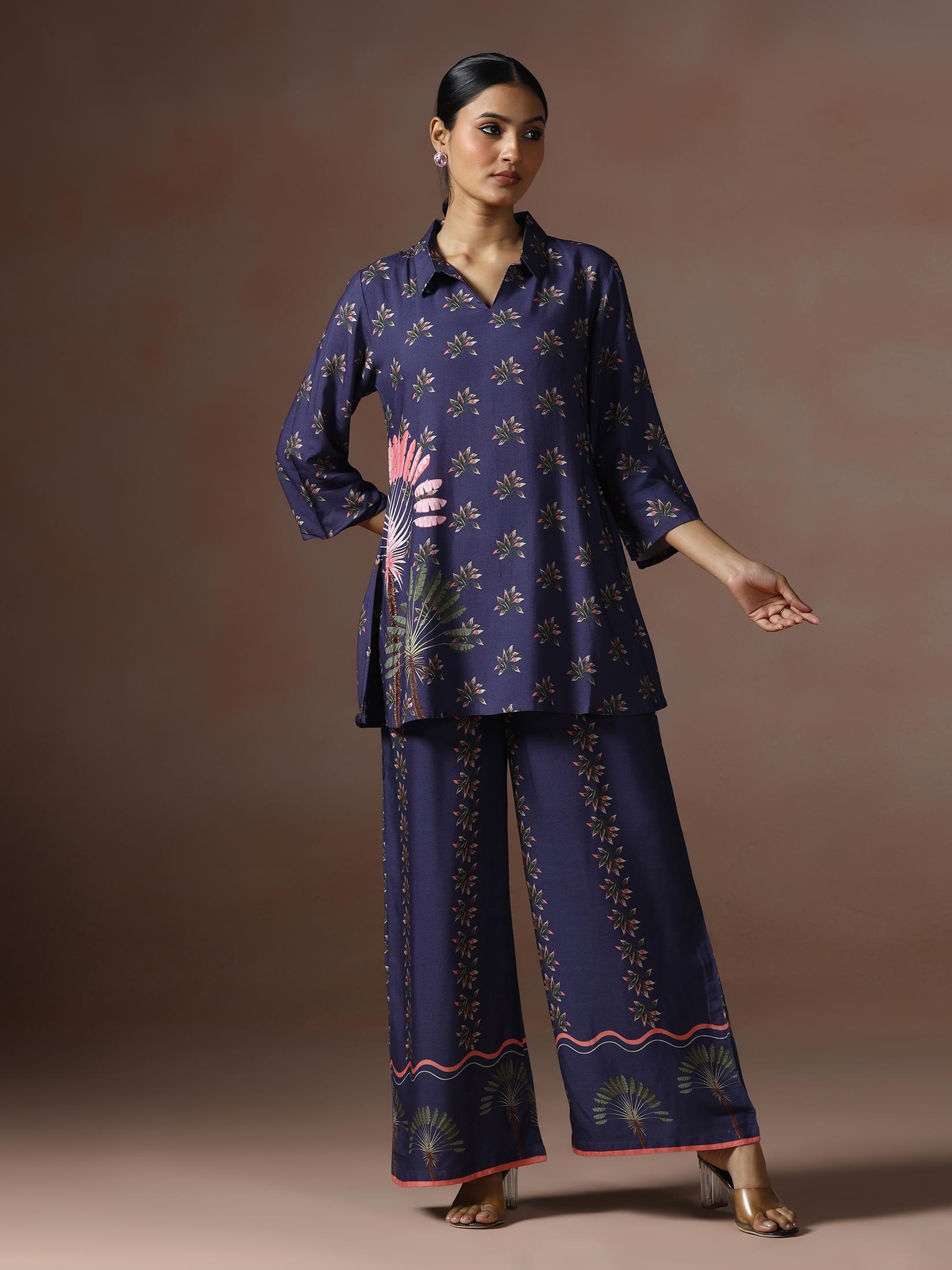 Women Liva Blue Floral Print Co Ord Set.