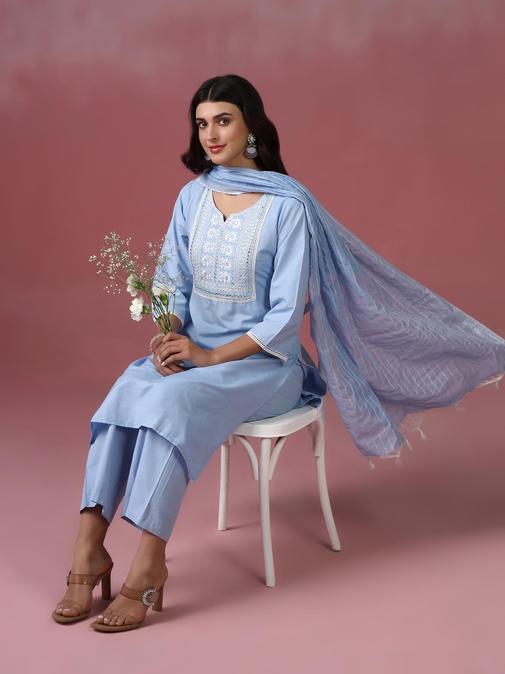 Royal blue delicate embroidered poly cotton party wear straight suit byshree