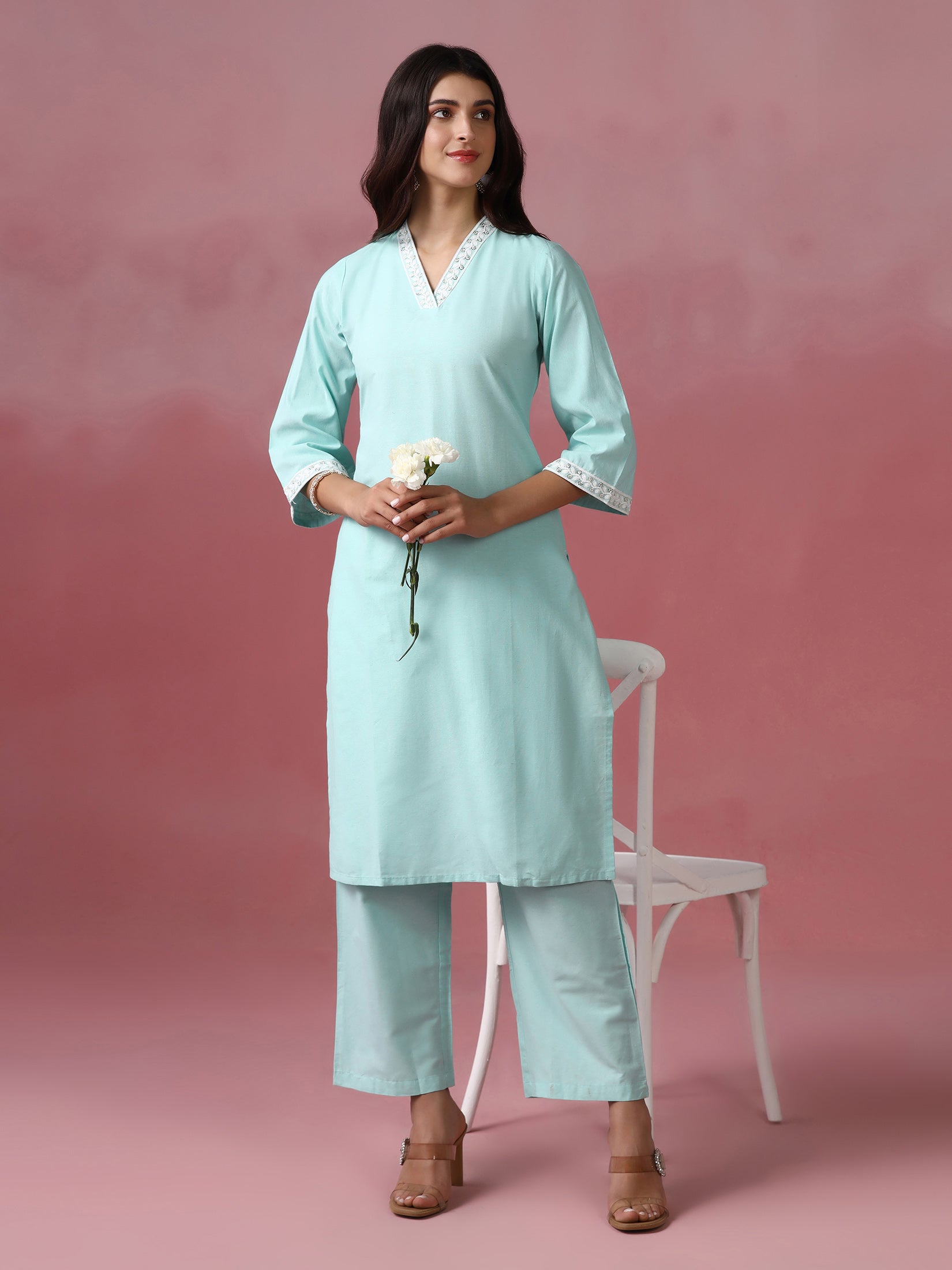 Forest green intricate embroidered poly cotton traditional straight kurta set