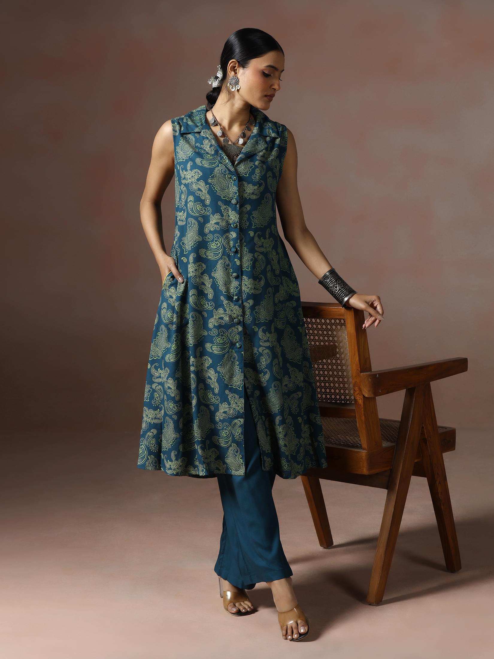 Teal blue paisley print Liva fabric elegant kurta with comfort pants