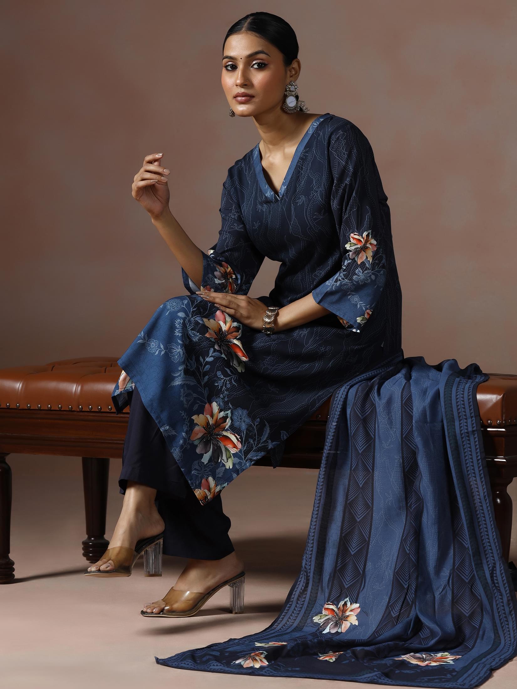 Midnight navy blue printed Liva casual wear regular trousers suit set