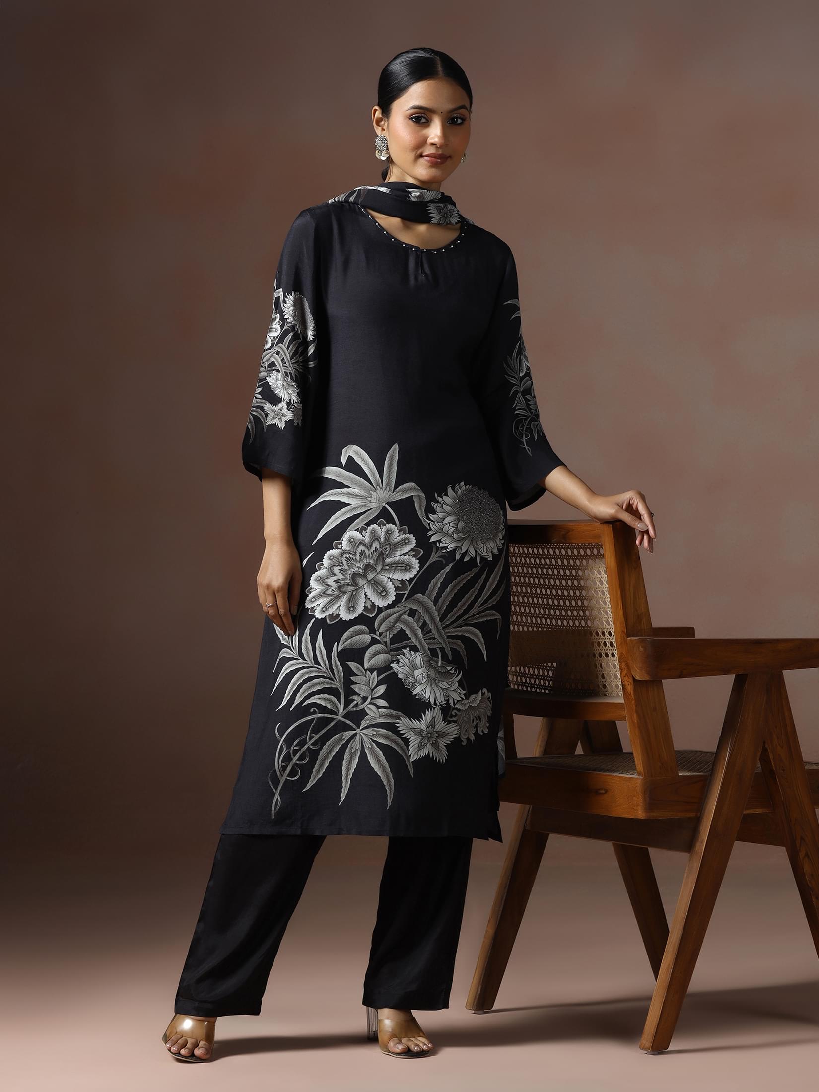 Black floral print premium muslin silk blend luxury outfit with dupatta