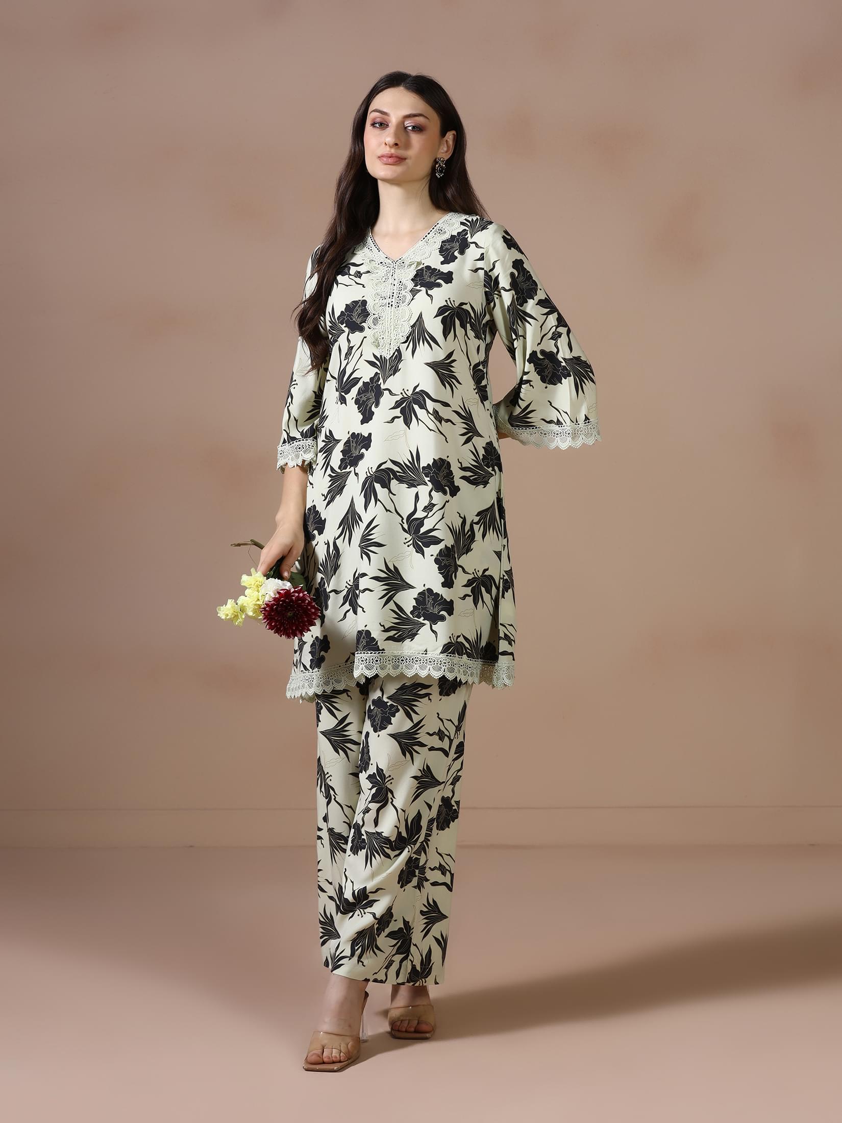 Women Green Liva Printed Co Ord Set.