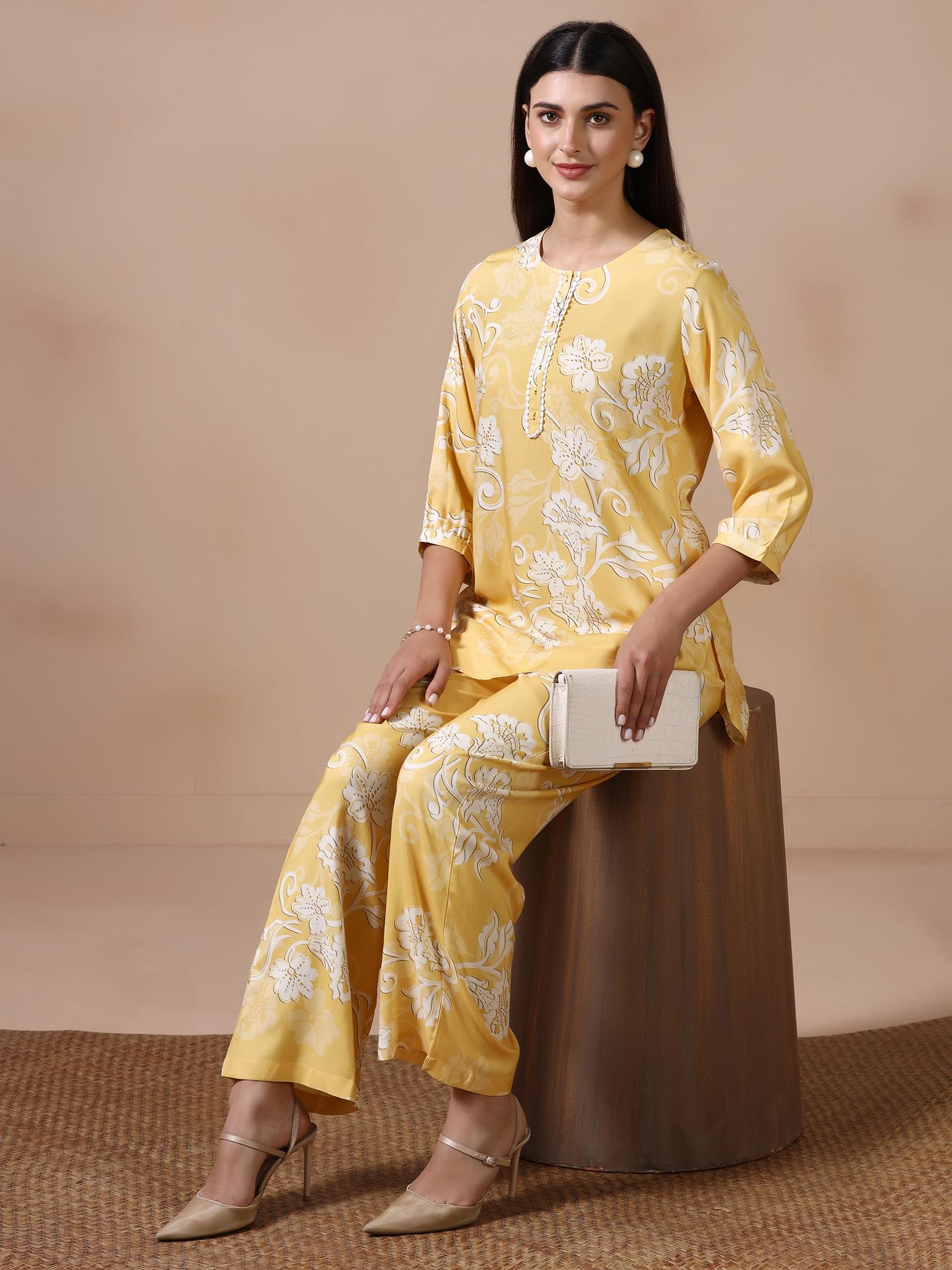 Women Liva Yellow Floral Print Co Ord Set.