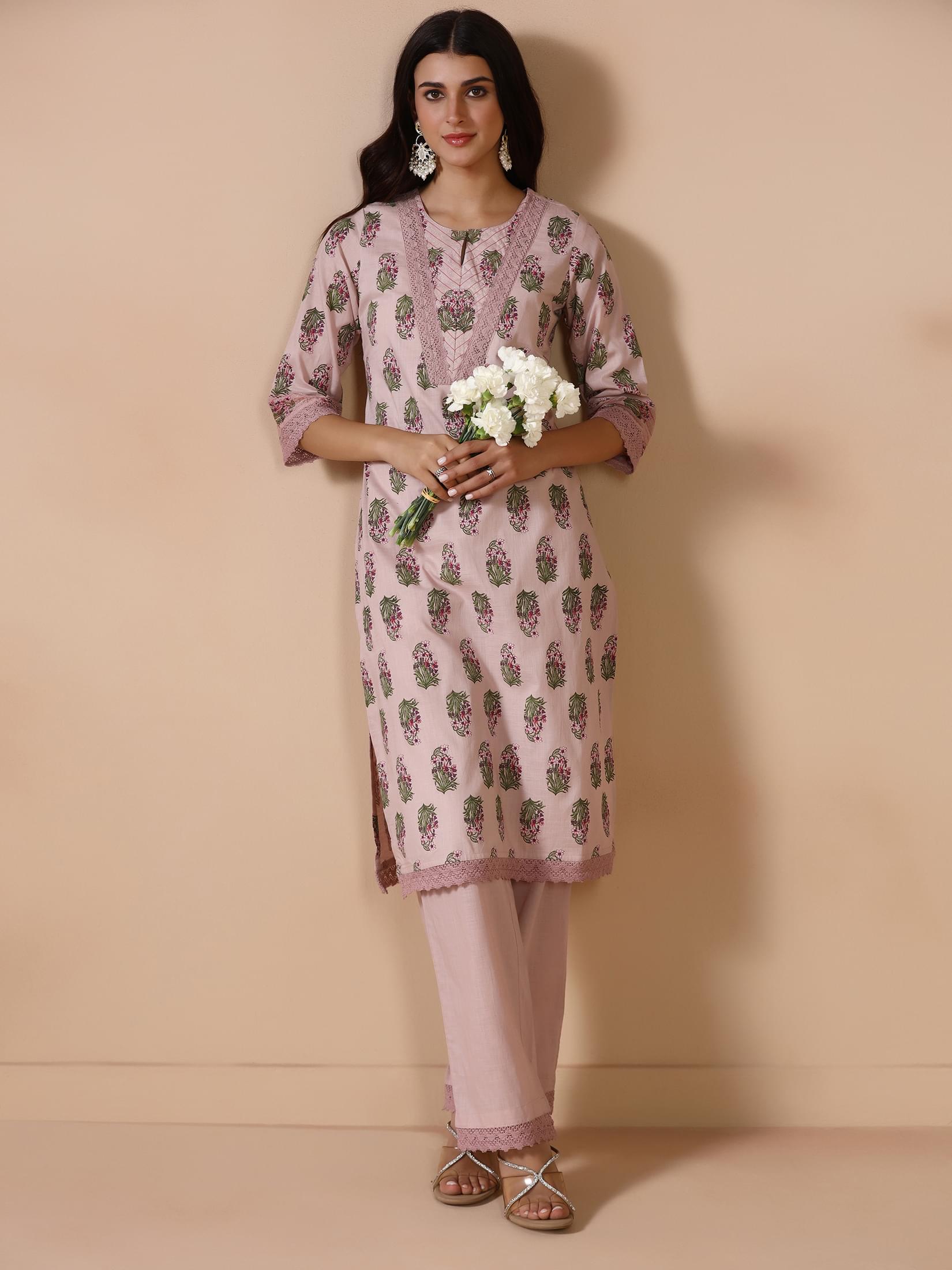 Blush pink floral print cotton summer kurta with comfortable trousers