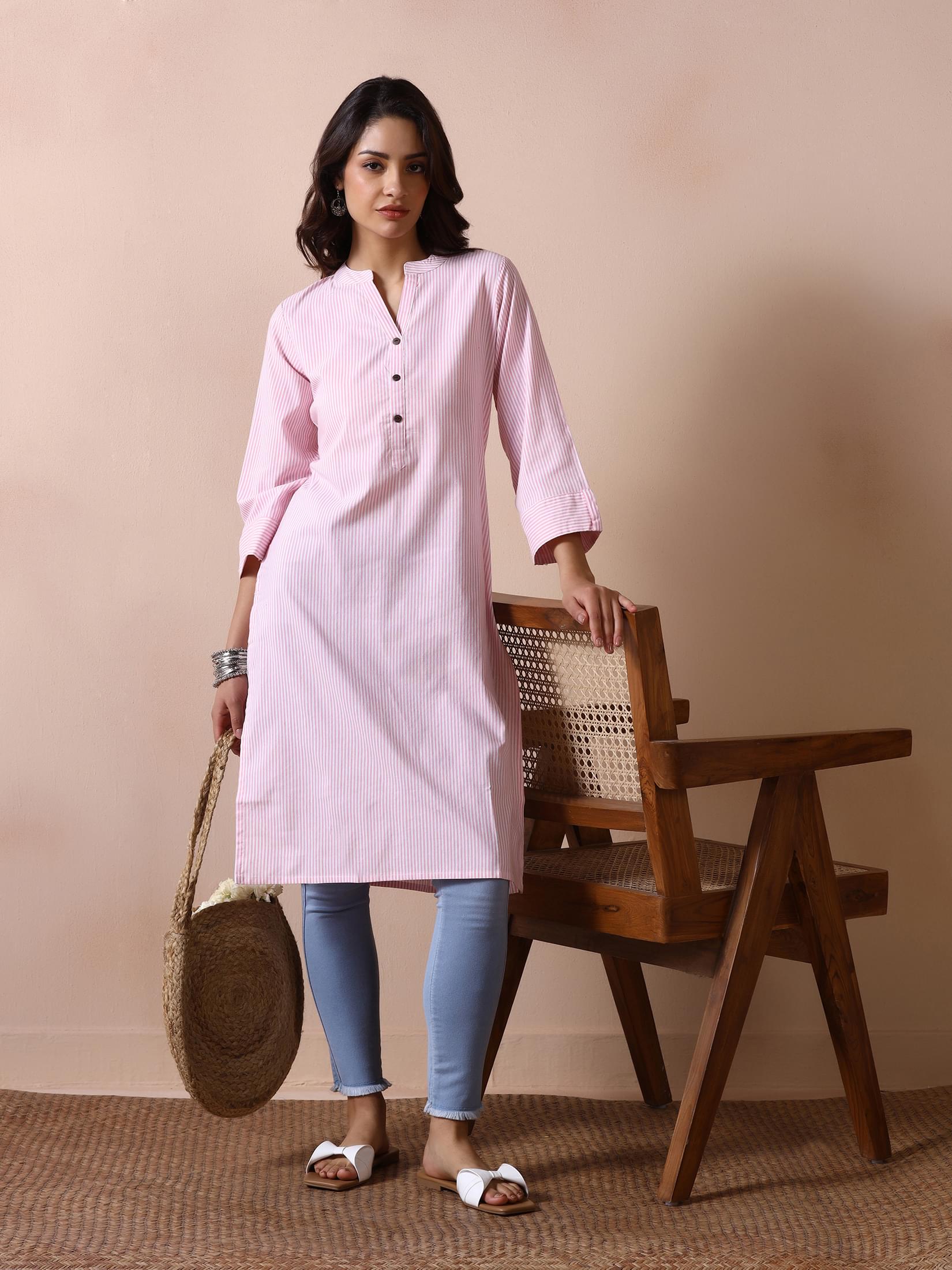 Pastel pink yarn dyed poly cotton regular wear simple kurta