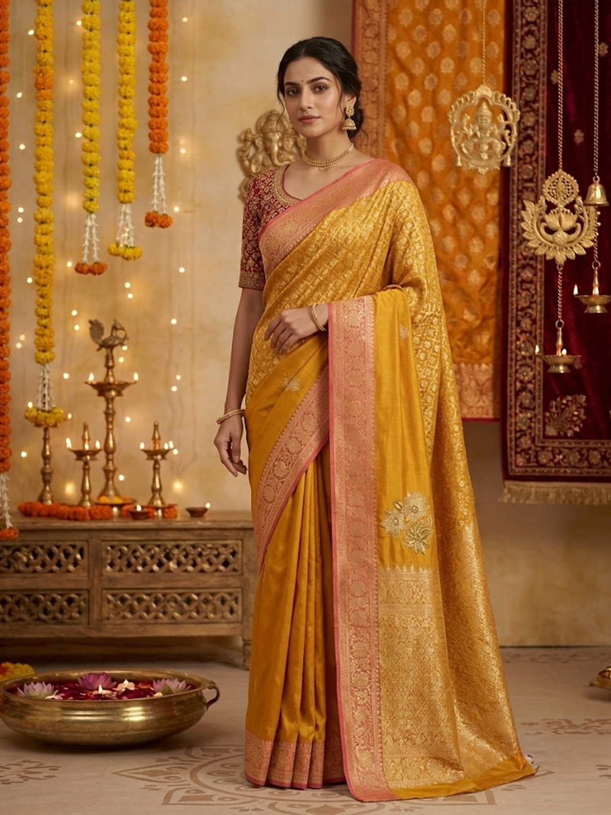 Women Yellow And Red Saree With Stitch Blouse