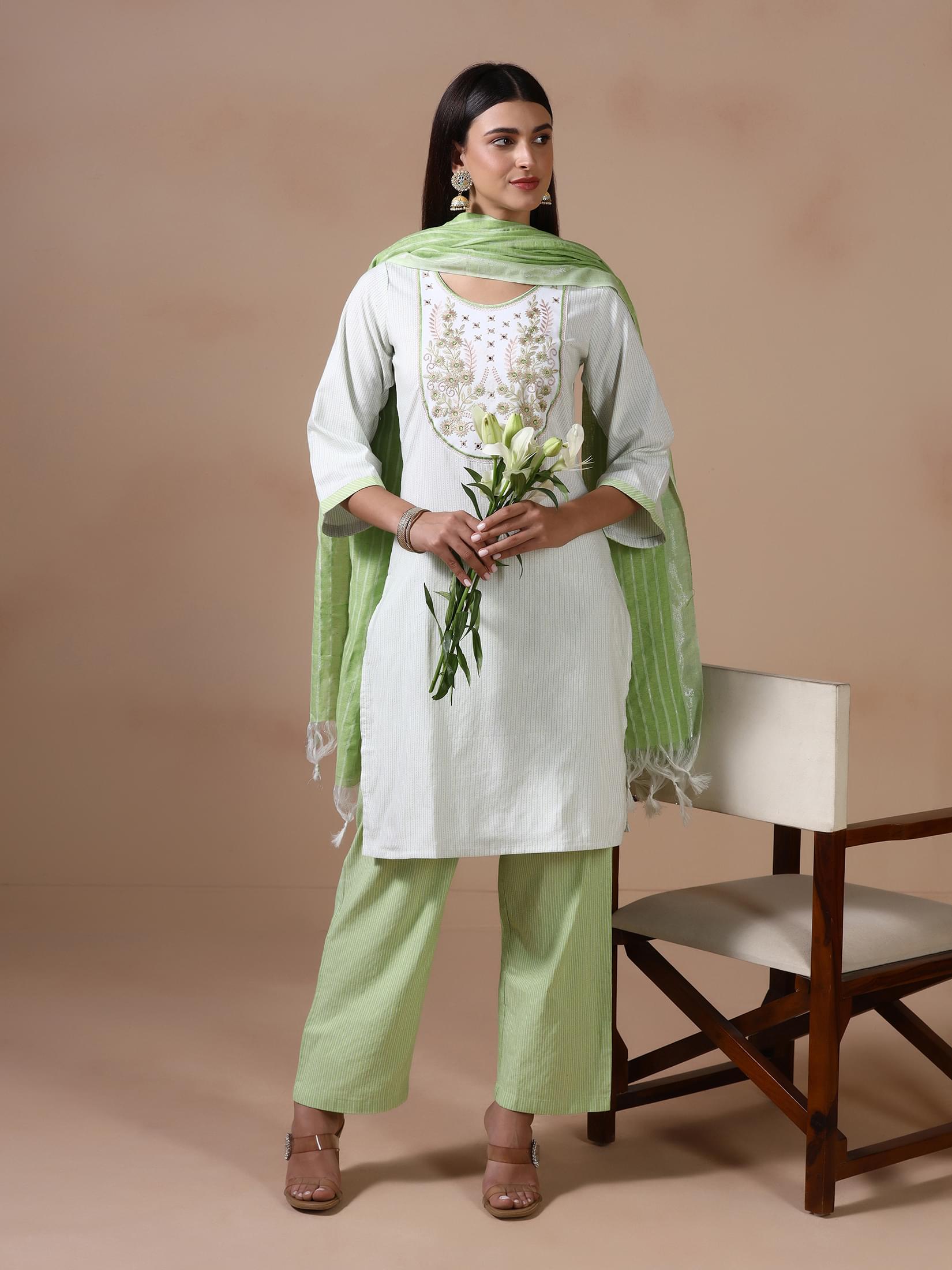 Teal green embroidered yarn dyed poly cotton festive wear trouser set