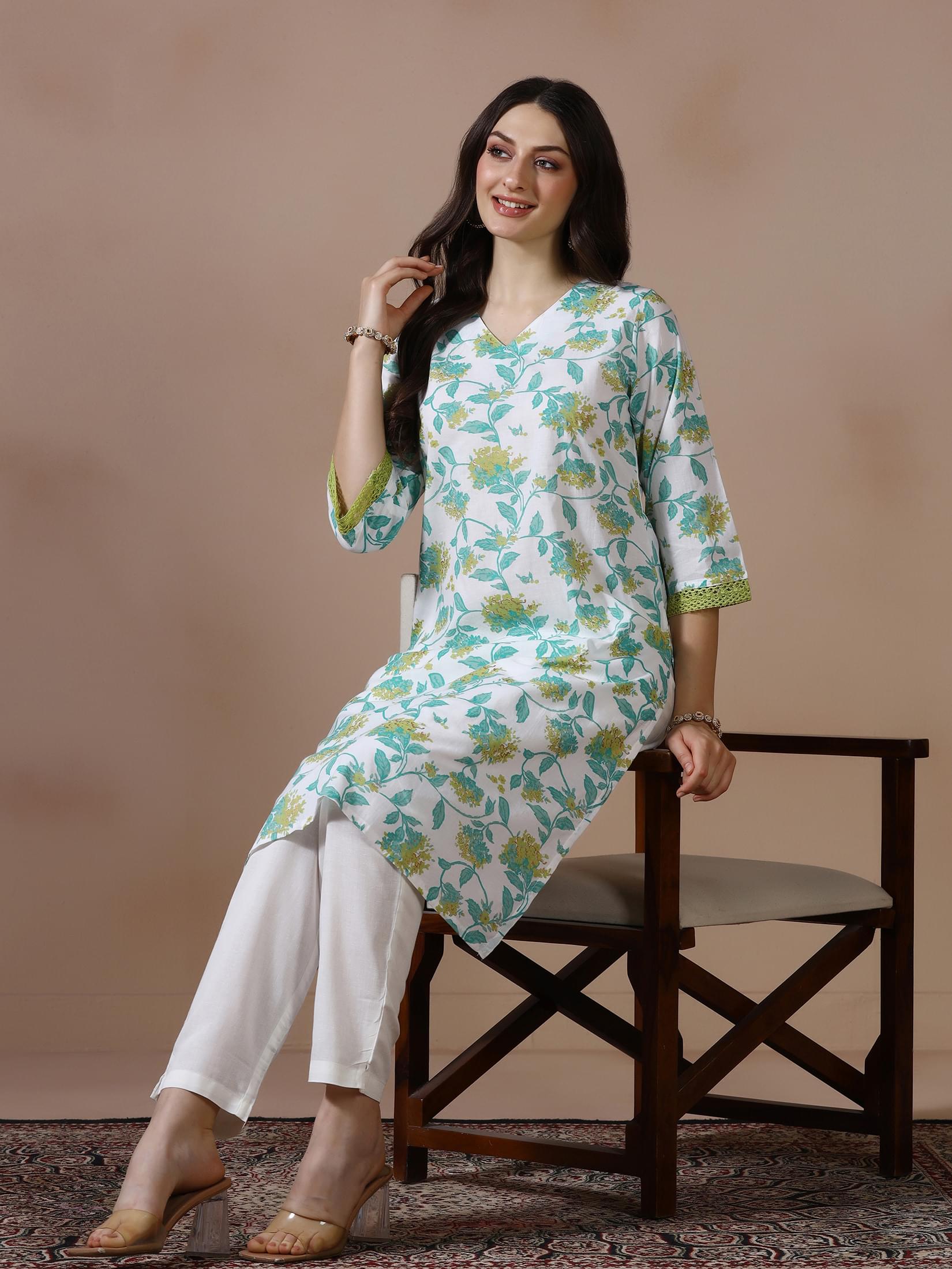 Crisp white printed cotton regular wear simple kurta byshree