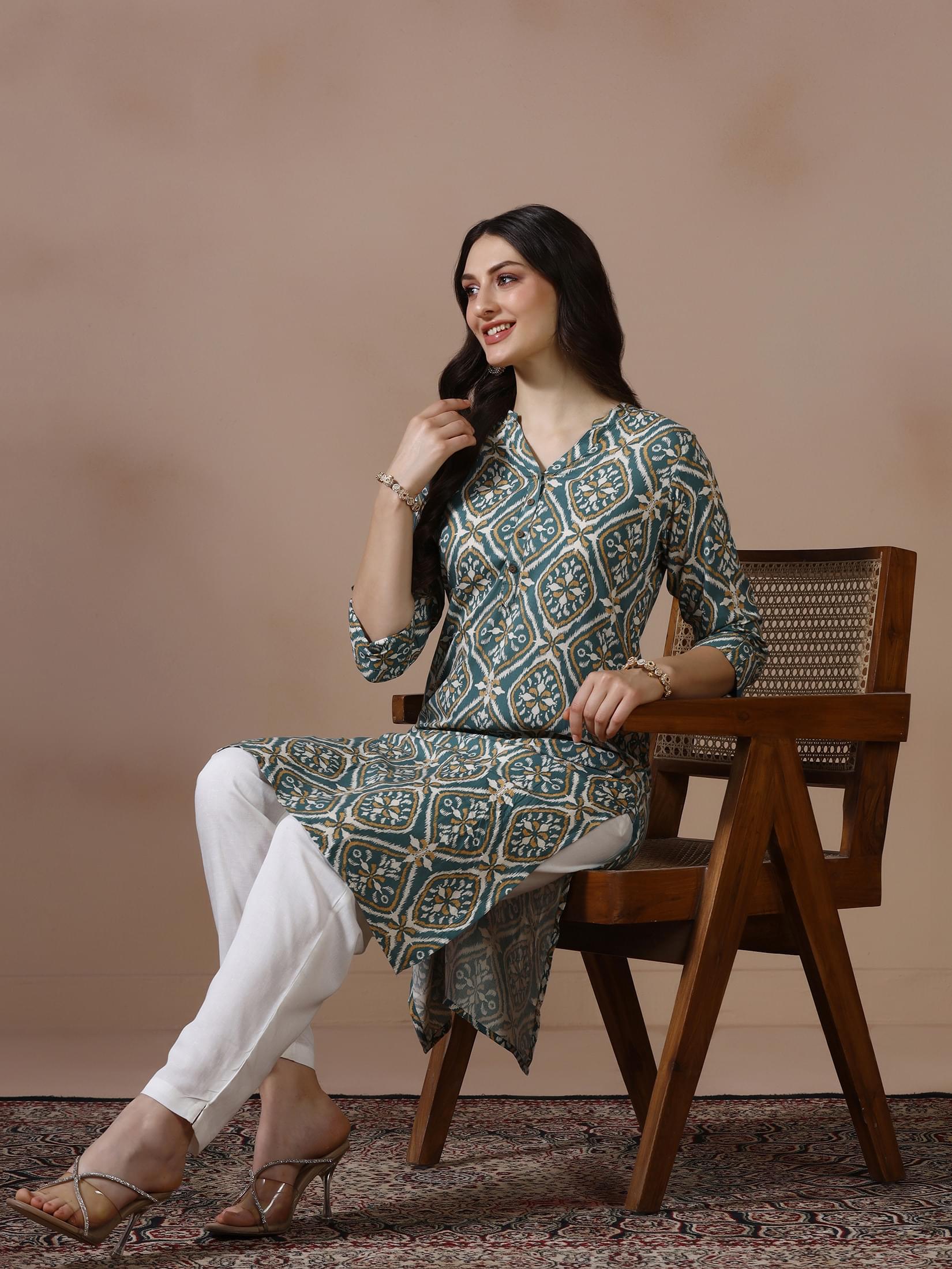 Deep teal printed Liva fabric straight silhouette kurta