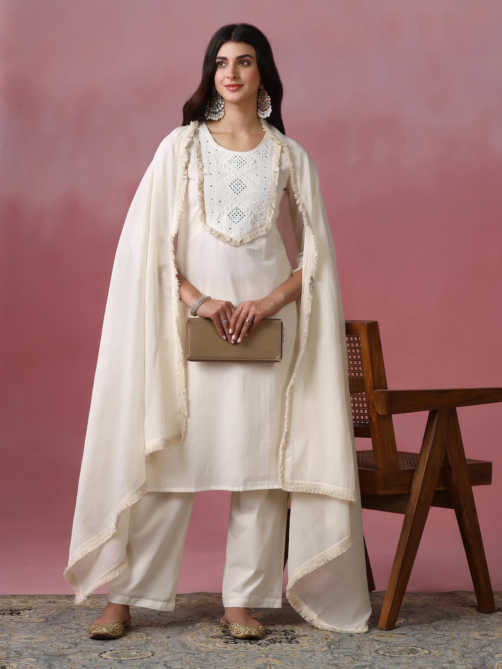 Classic off white solid embroidered pure cotton premium festive suit set
