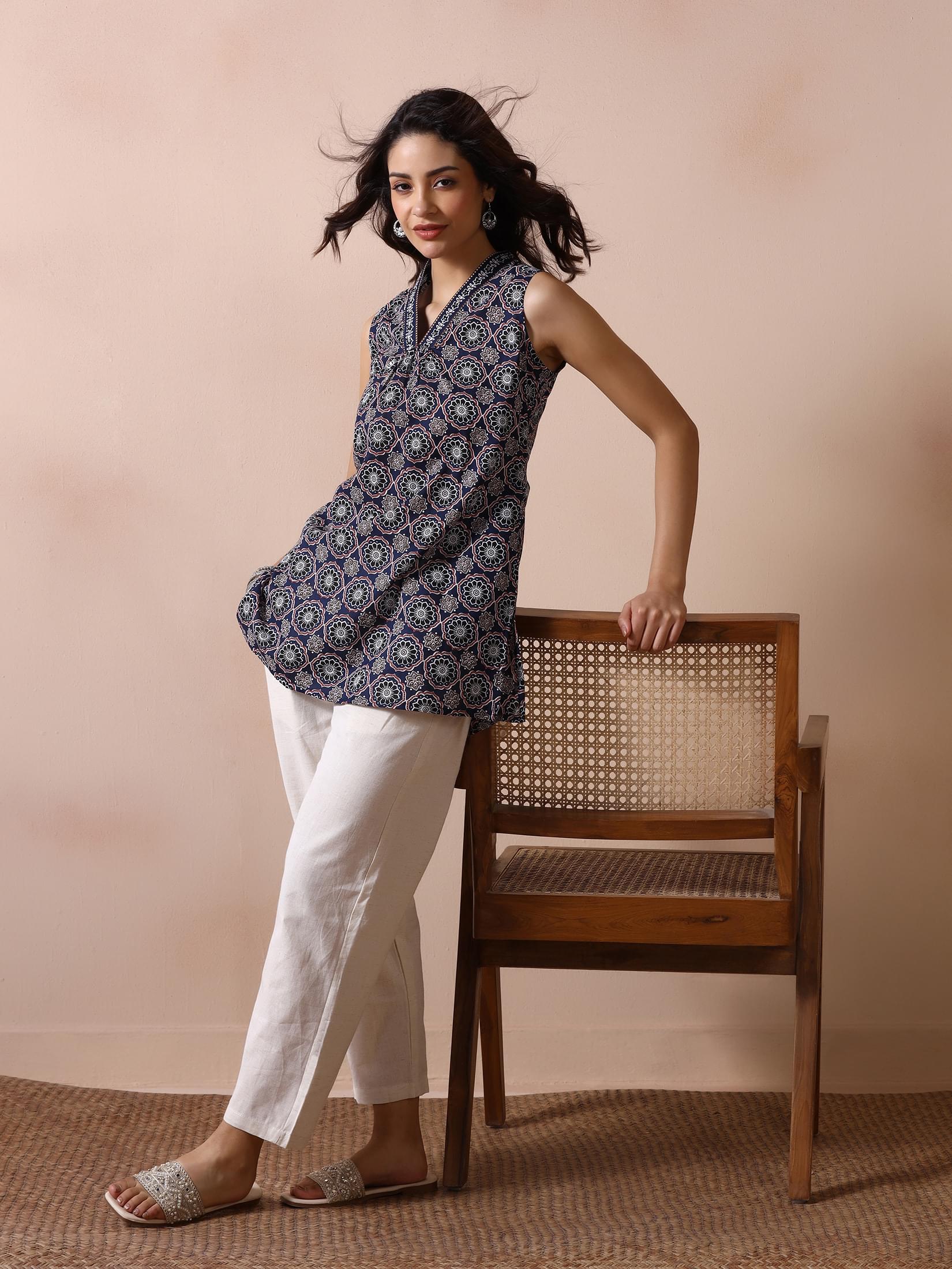 Navy blue printed cotton short tunic shirt style top