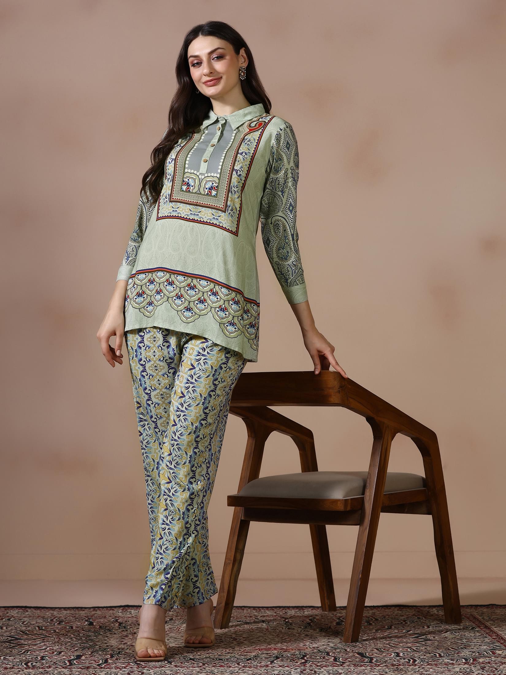Sage green printed Liva premium lounge wear co-ord set