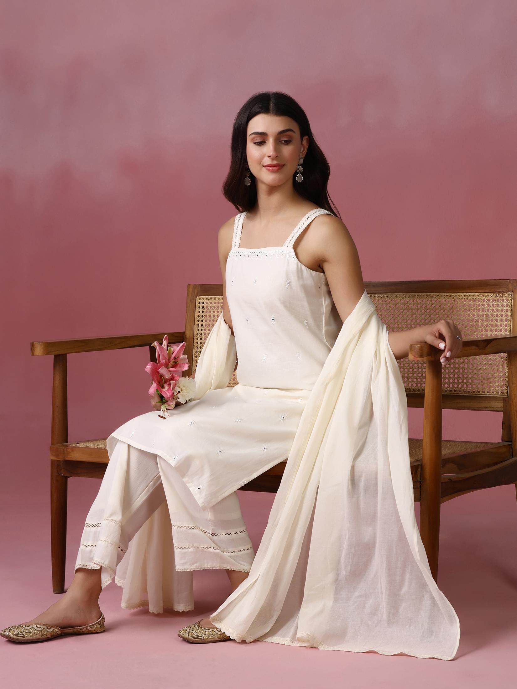 Off white intricate embroidered cotton straight kurta comfort pant with dupatta