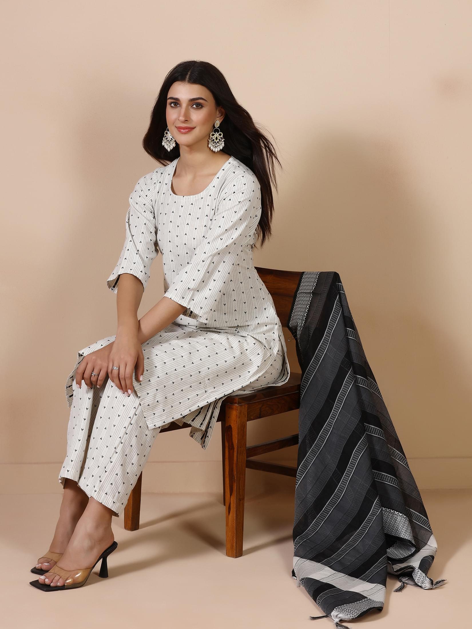 Off white self woven yarn dyed poly cotton formal kurta pant dupatta set