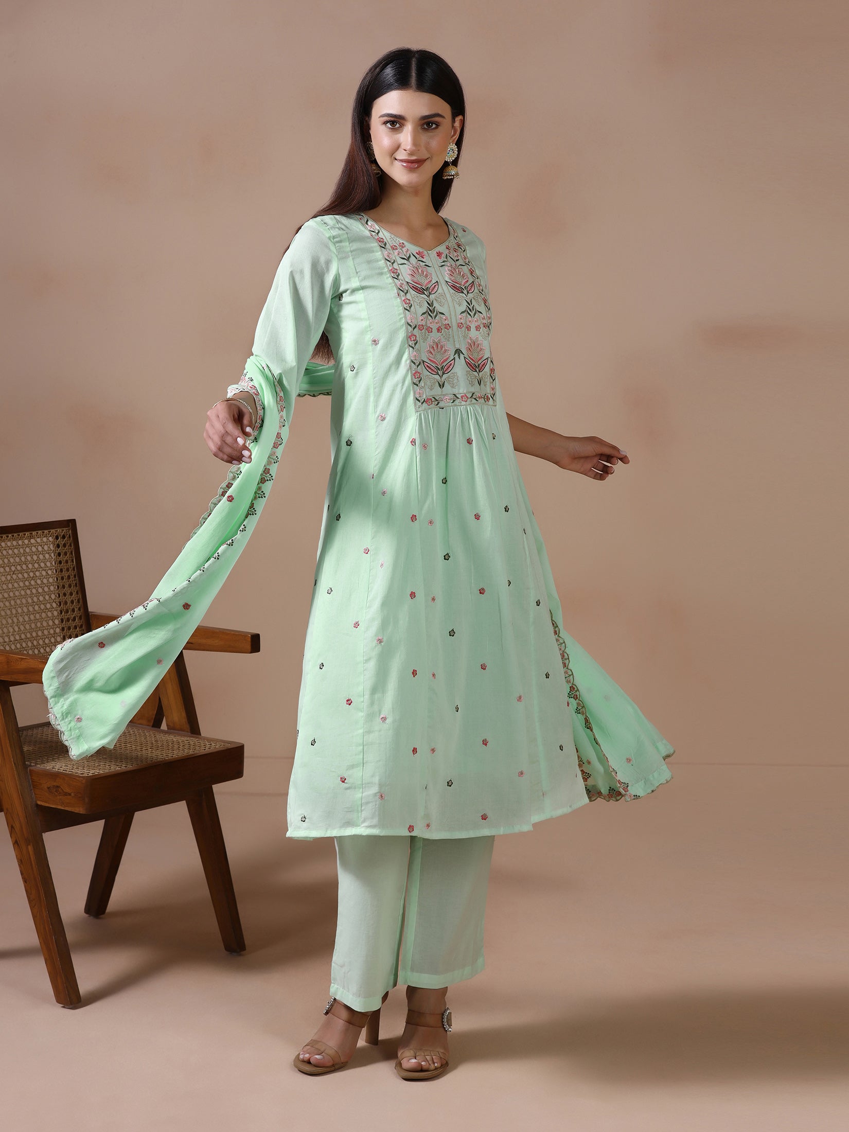 Women Cotton Voile Green Embroidered Kurta Pant Dupatta