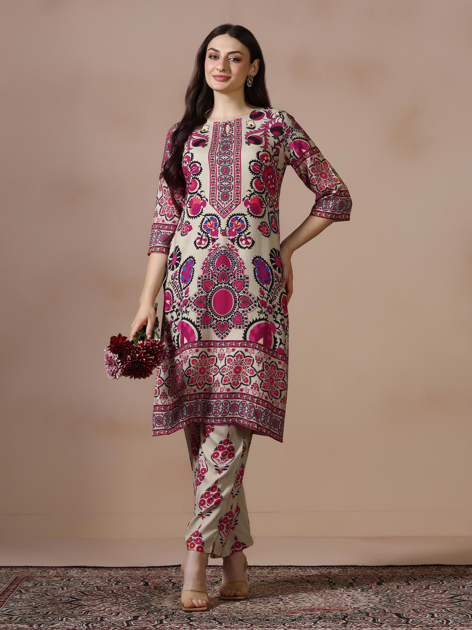 Beige printed regular wear Liva kurta set with comfort trousers