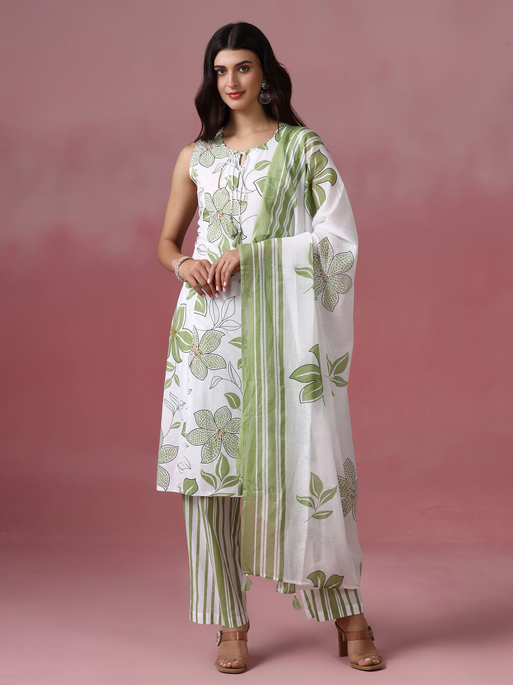 Women Cotton Off white and Green Printed Kurta Comfort Pant Dupatta