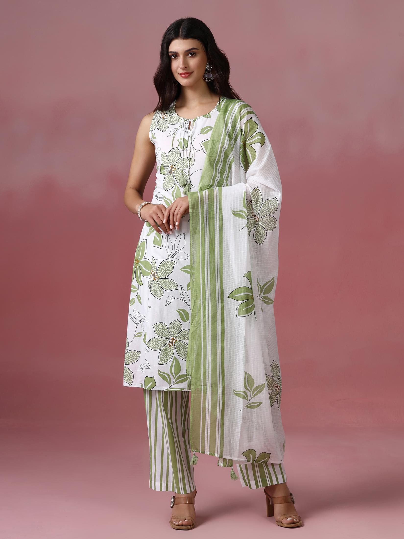 Off white and green botanical printed cotton straight silhouette suit set