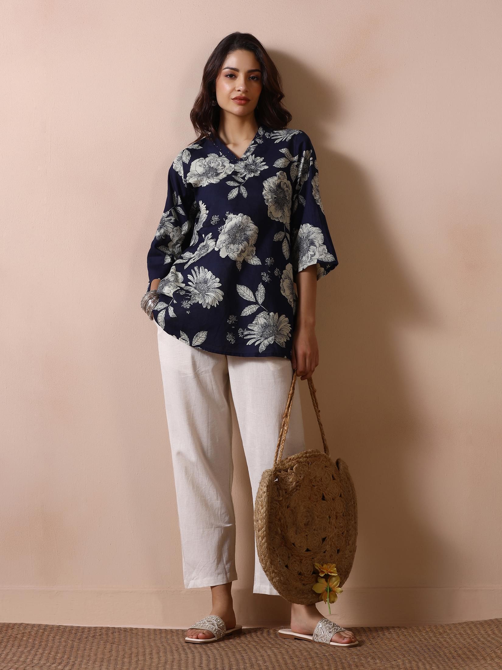 Deep navy blue cotton printed daily wear tunic top byshree