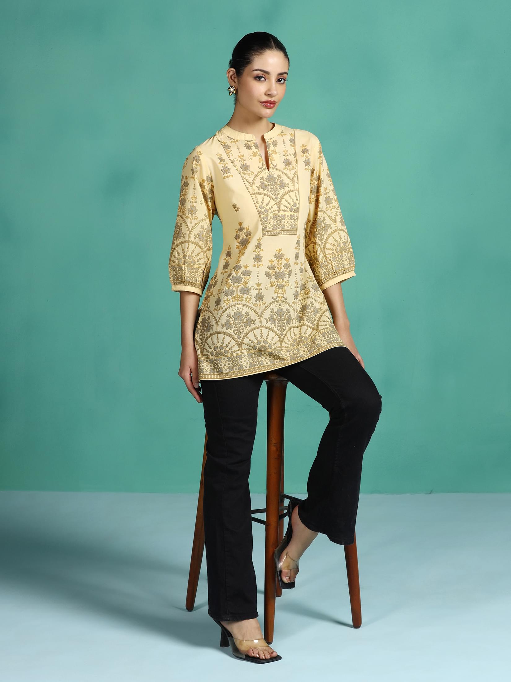 Sunny yellow printed cotton lightweight summer tunic for women