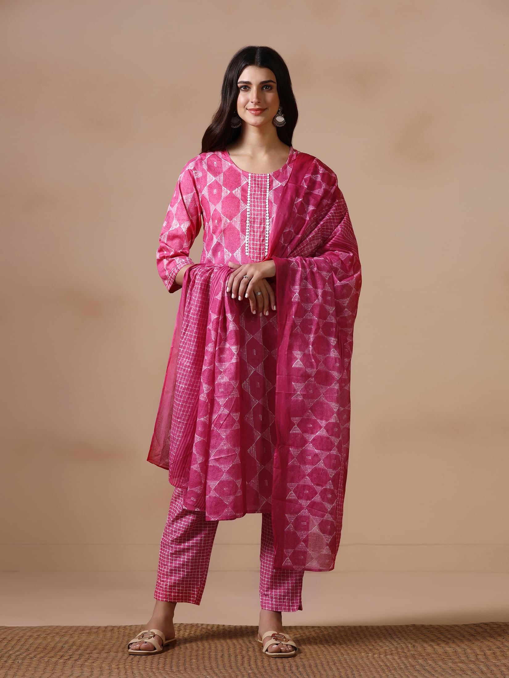 Women Cotton Fuchsia Printed Kurta Trouser Dupatta.