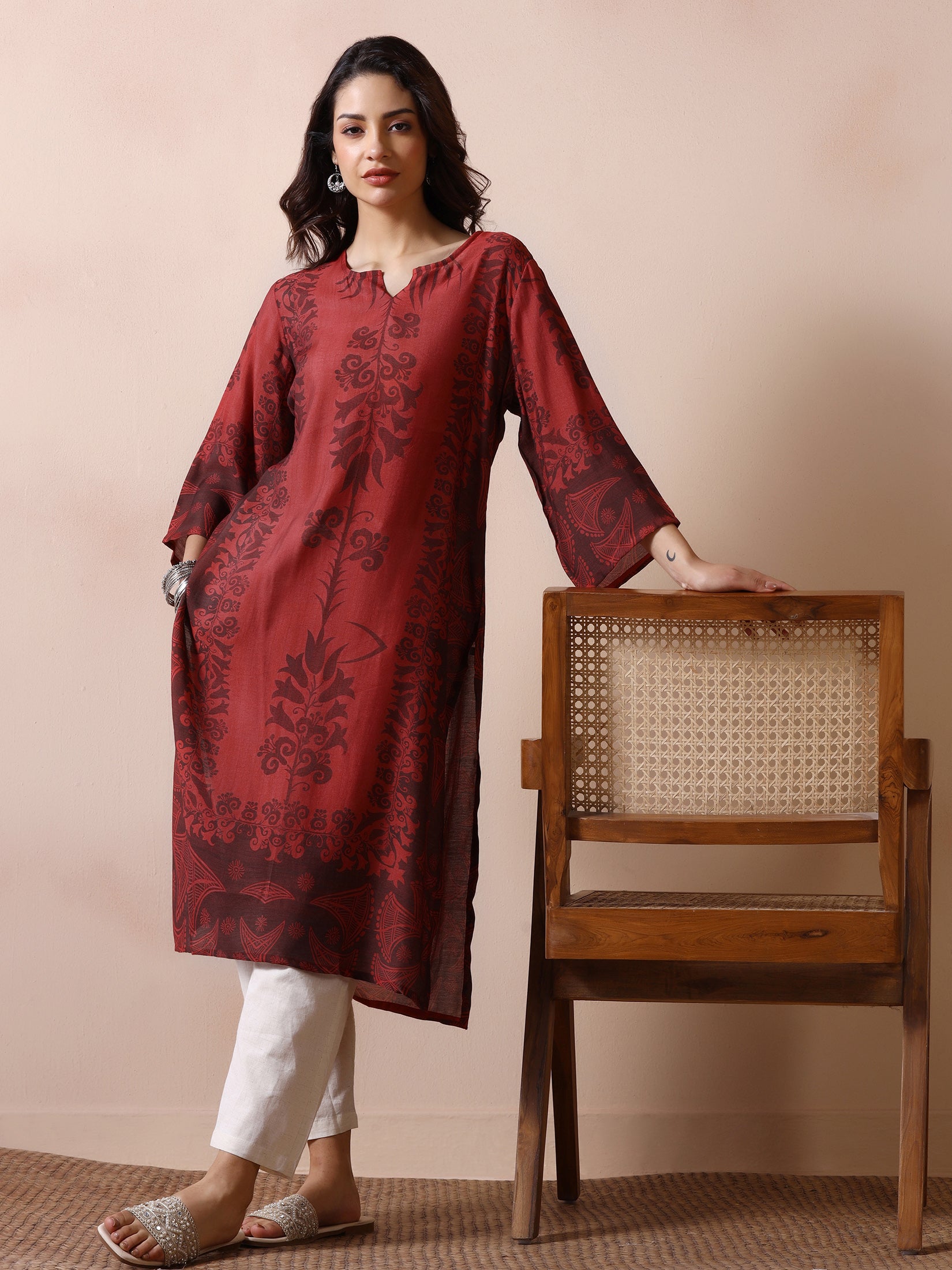 Women Chanderi Rust Printed Kurta