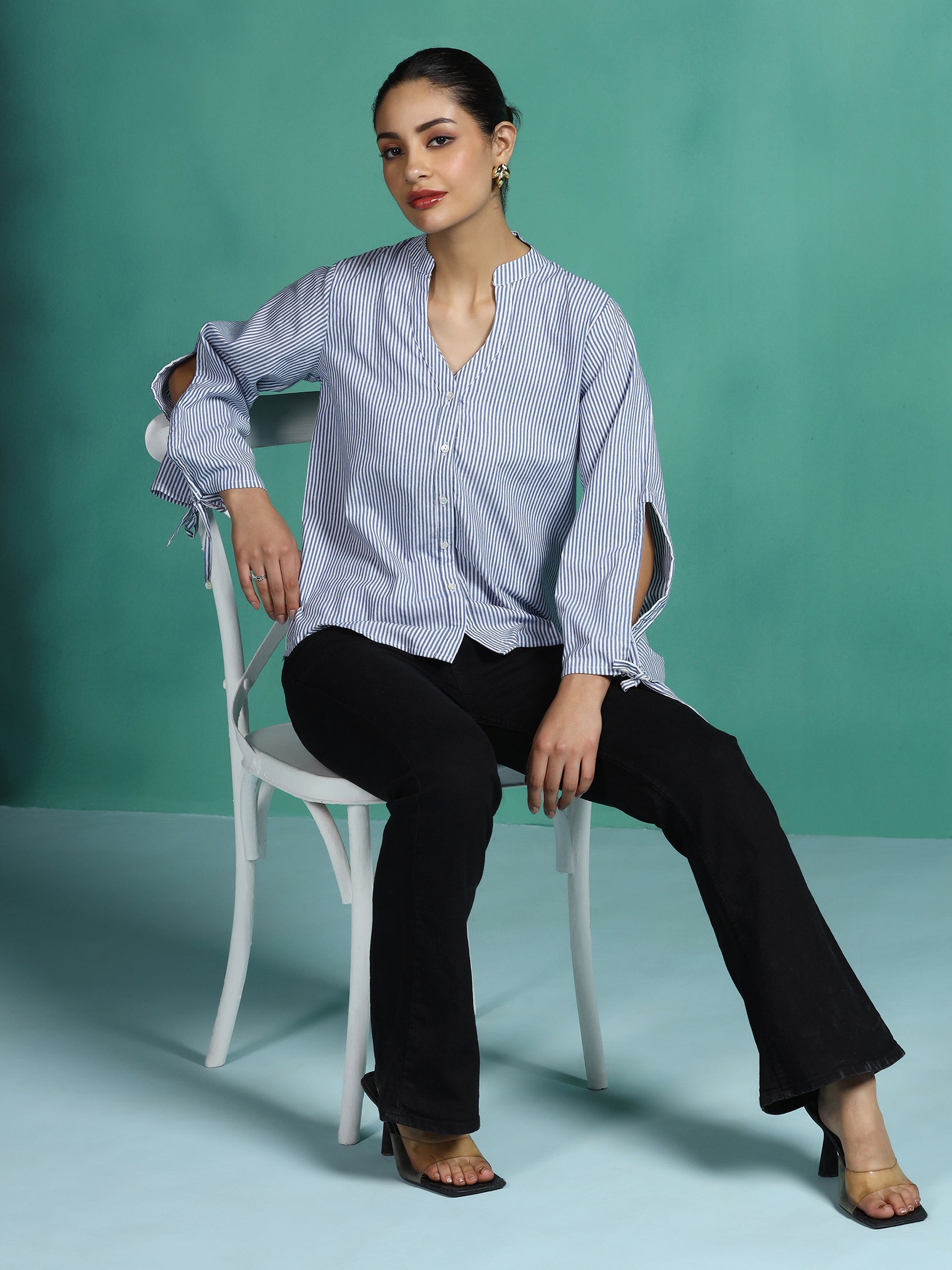 Women Cotton Blue Yarn Dyed Top