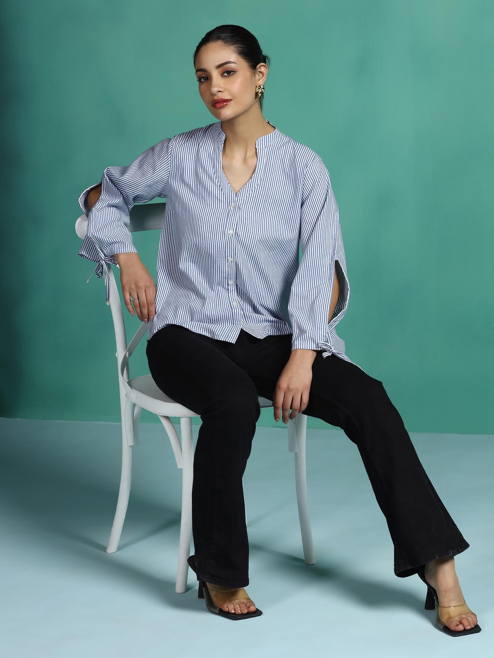Blue yarn dyed striped cotton casual top for women