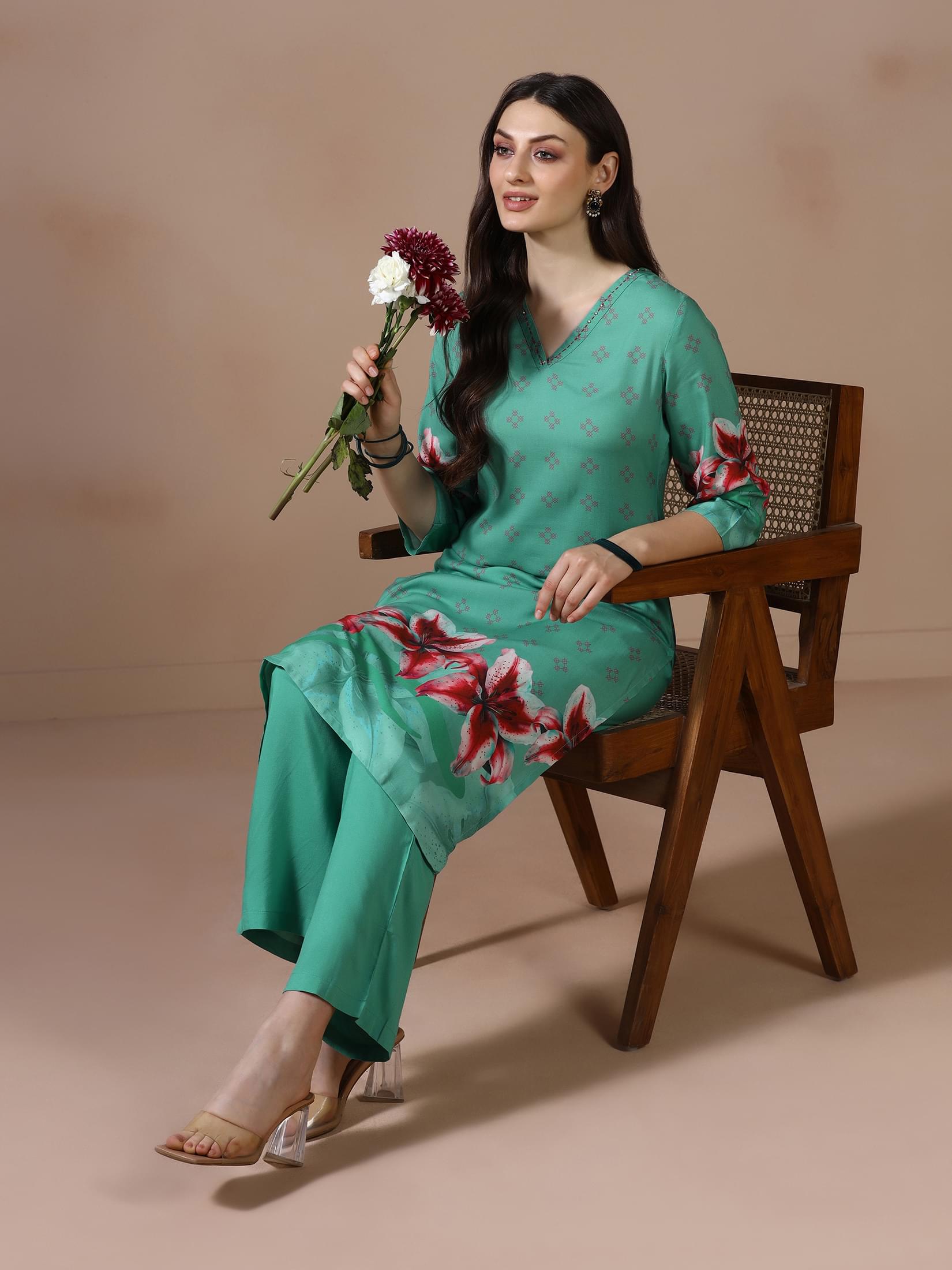 Green Liva Printed Co Ord Set.